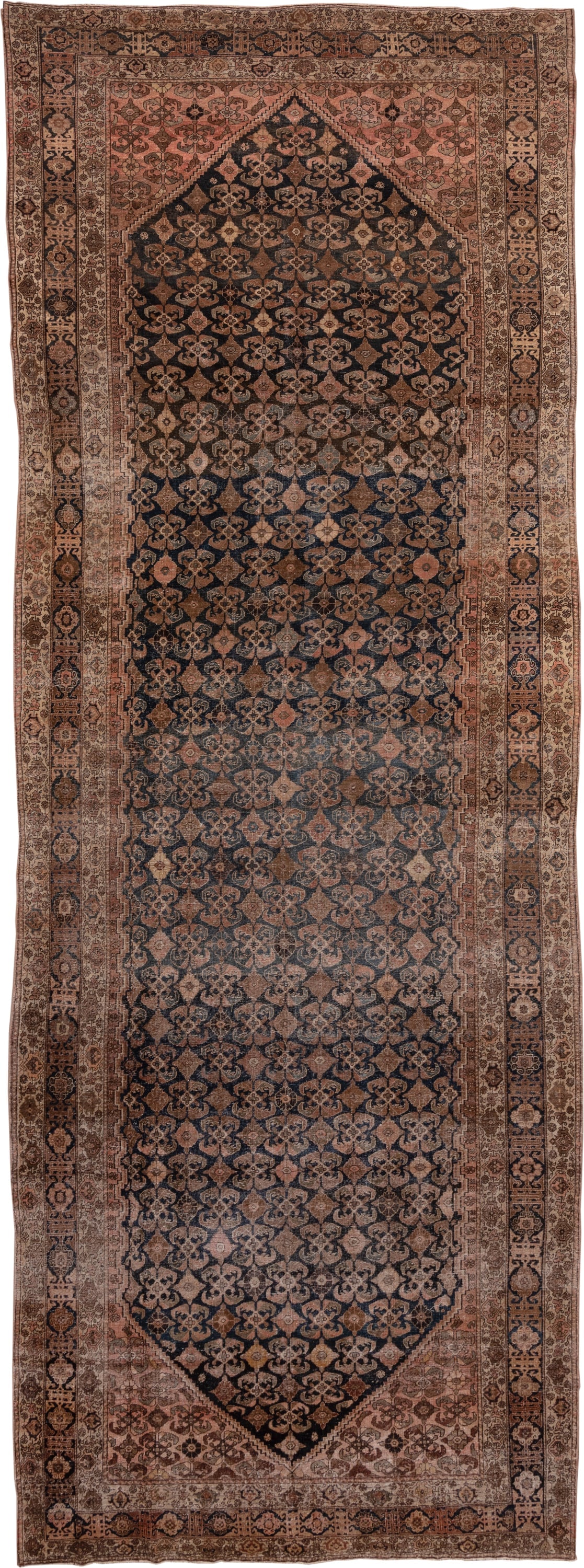 8' x 11' one-of-a-kind handmade vintage Kilim large size rug. Color palette: navy, rose, taupe, brown, ivory, camel