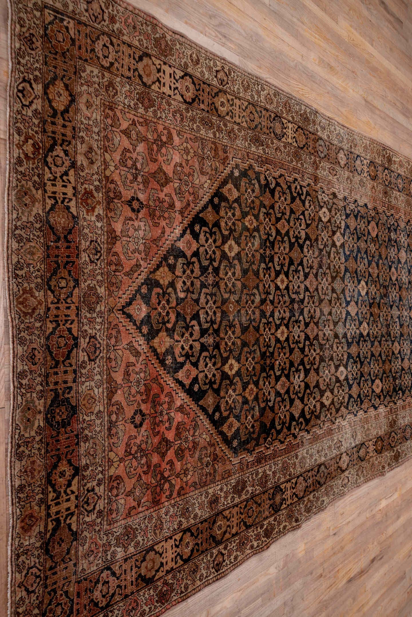 8' x 11' one-of-a-kind handmade vintage Kilim large size rug. Color palette: navy, rose, taupe, brown, ivory, camel