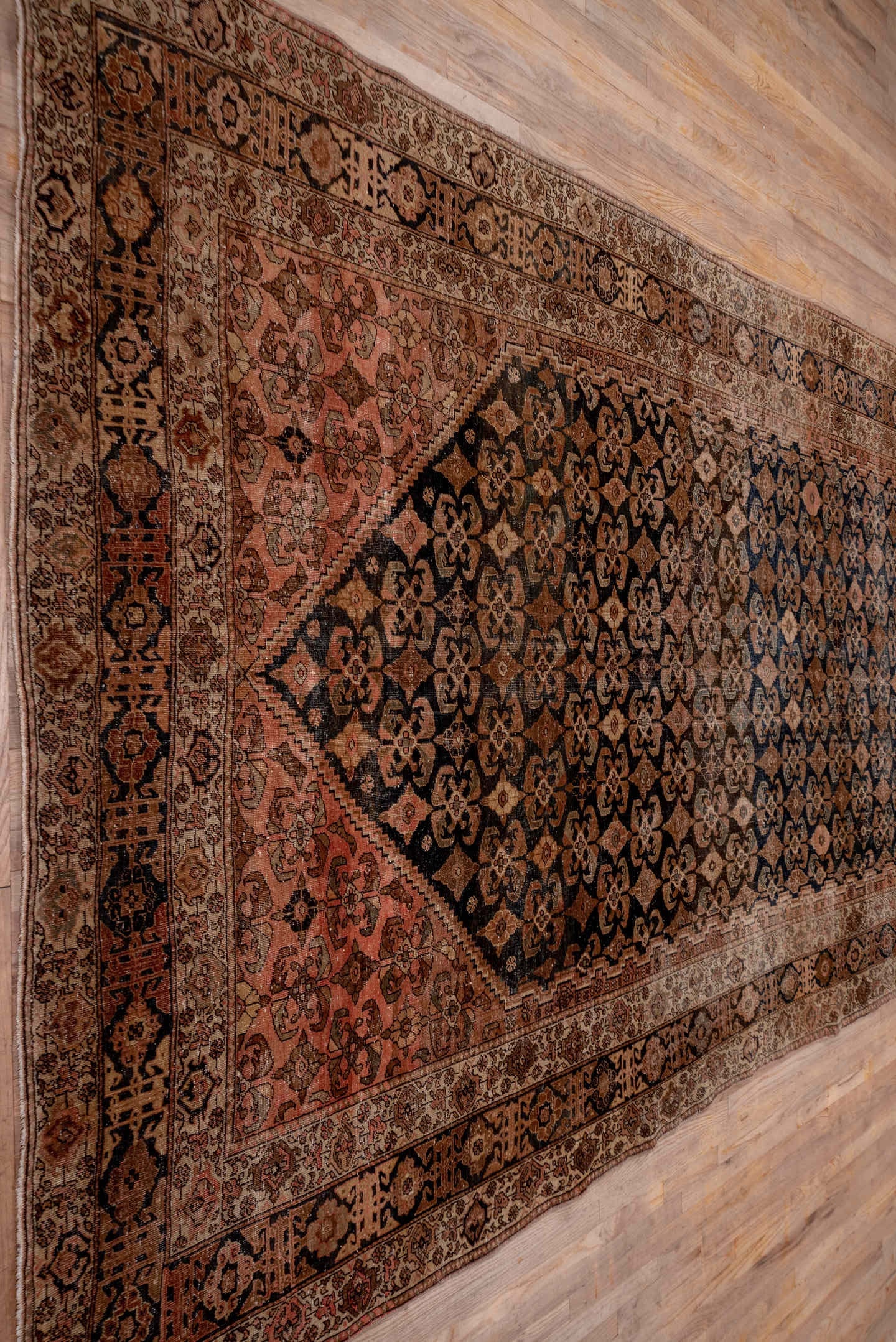 8' x 11' one-of-a-kind handmade vintage Kilim large size rug. Color palette: navy, rose, taupe, brown, ivory, camel