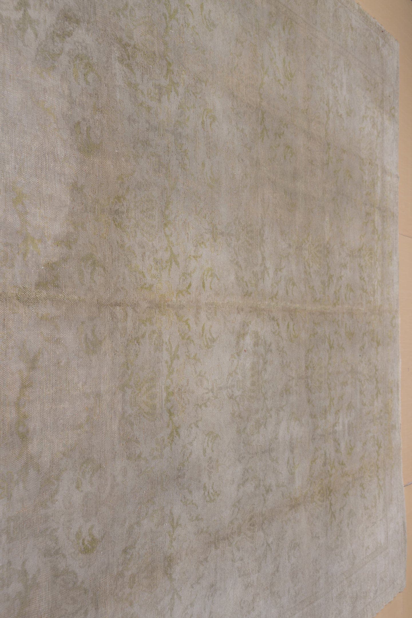13' x 16' one-of-a-kind handmade vintage Kilim oversize rug. Color palette: ivory, taupe, sage, beige, cream, pale gold