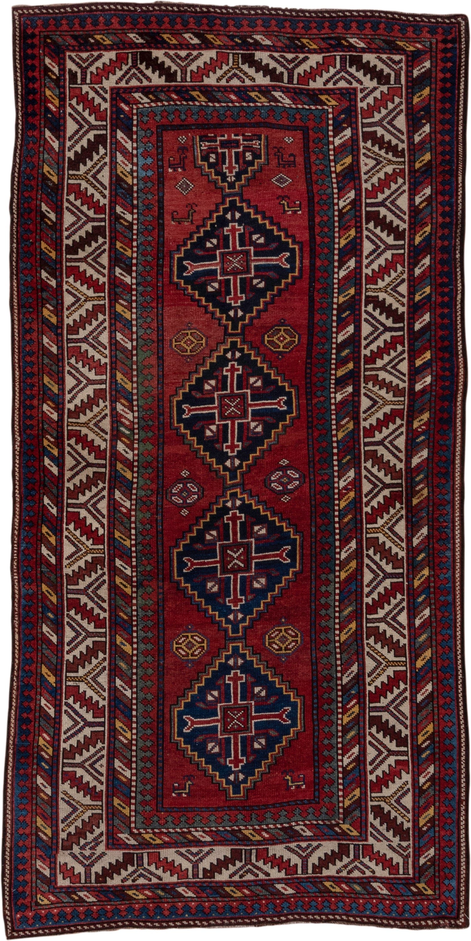 9' x 11' one-of-a-kind handmade vintage Afghan large size rug. Color palette: rust, navy, ivory, crimson, camel, charcoal