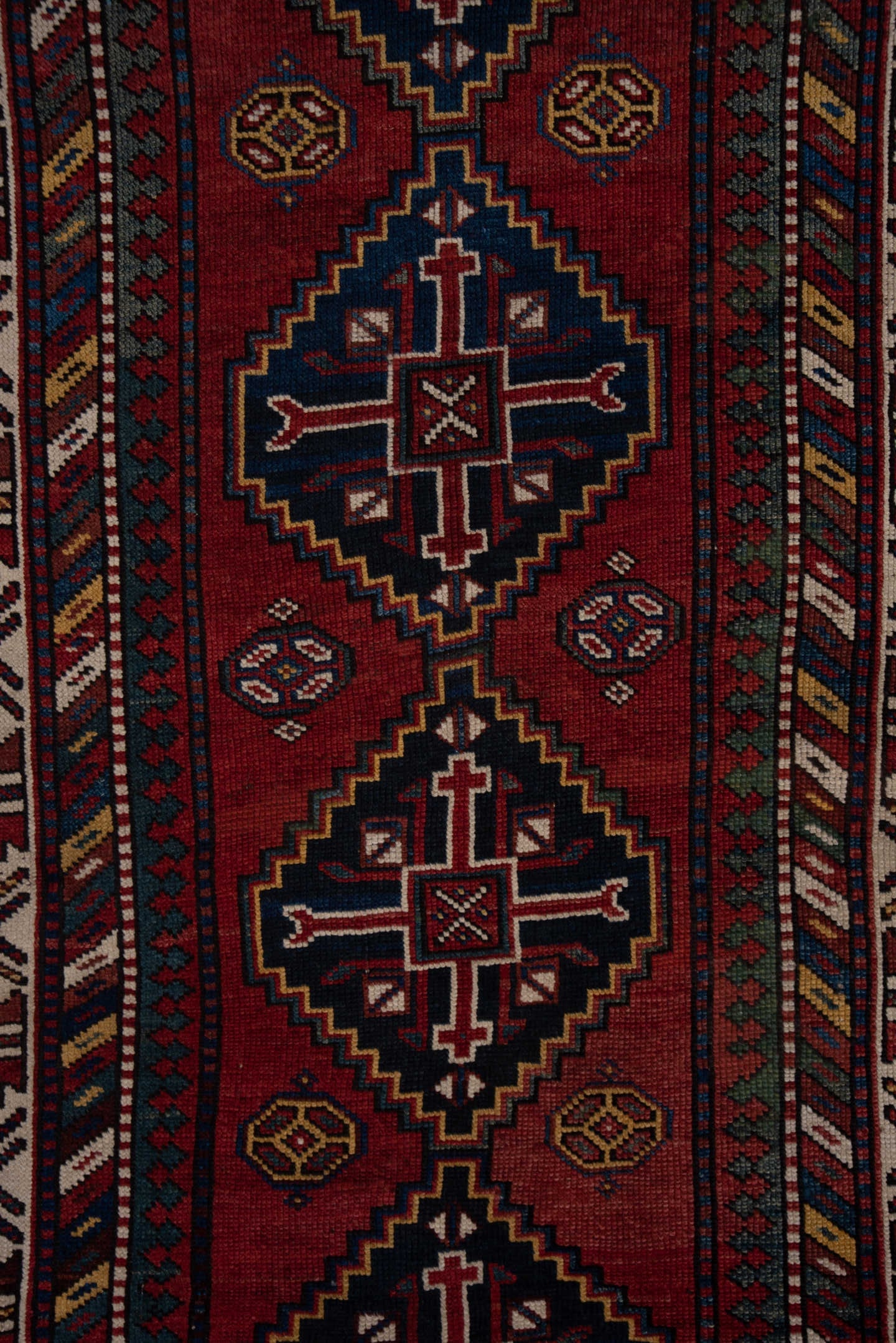 9' x 11' one-of-a-kind handmade vintage Afghan large size rug. Color palette: rust, navy, ivory, crimson, camel, charcoal