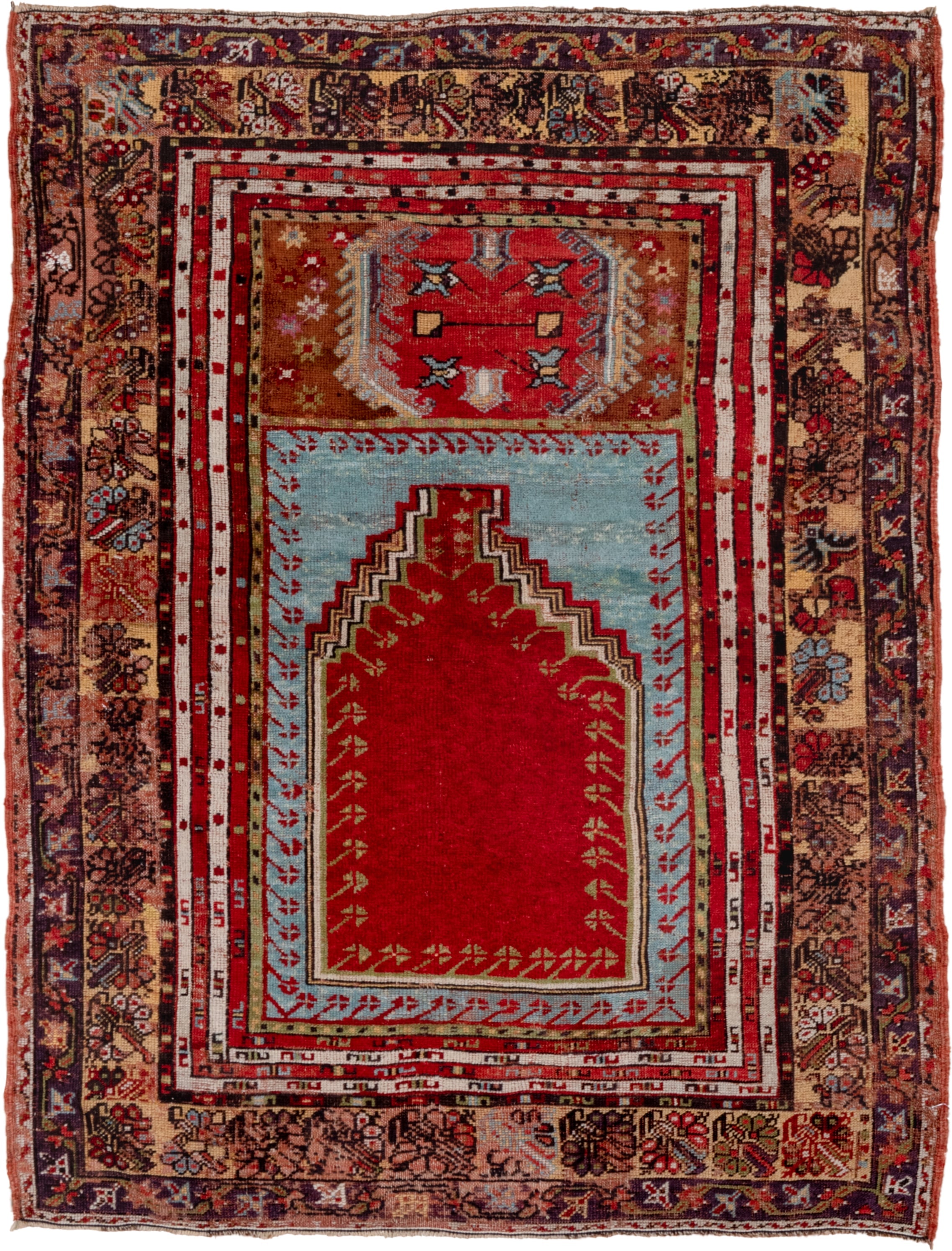 9' x 12' one-of-a-kind handmade vintage Oushak large size rug. Color palette: crimson, sky blue, ivory, camel, charcoal