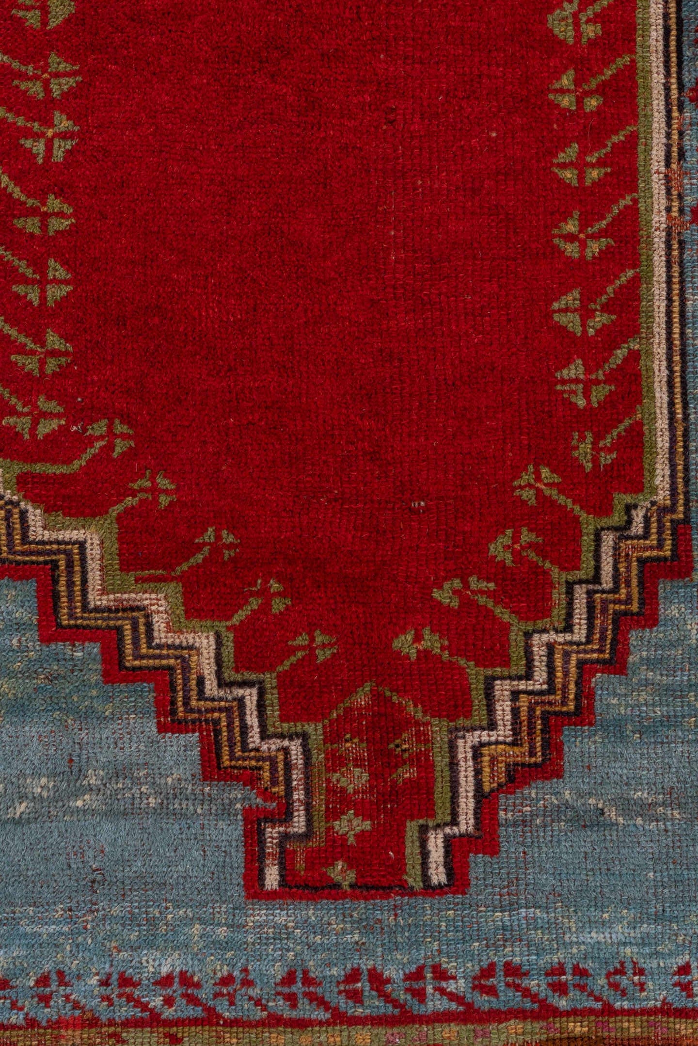 9' x 12' one-of-a-kind handmade vintage Oushak large size rug. Color palette: crimson, sky blue, ivory, camel, charcoal