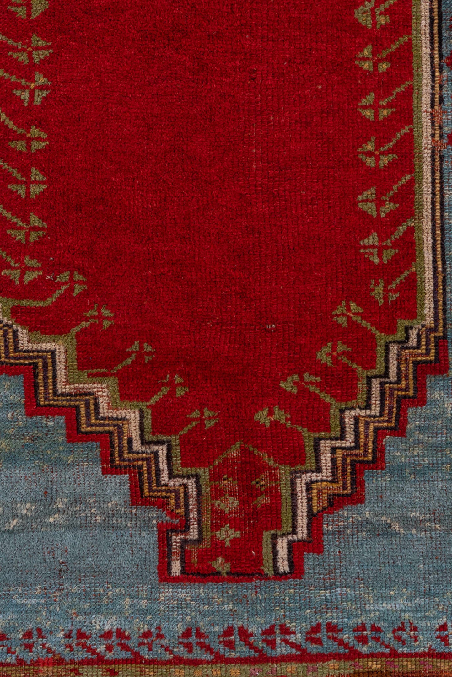 9' x 12' one-of-a-kind handmade vintage Oushak large size rug. Color palette: crimson, sky blue, ivory, camel, charcoal