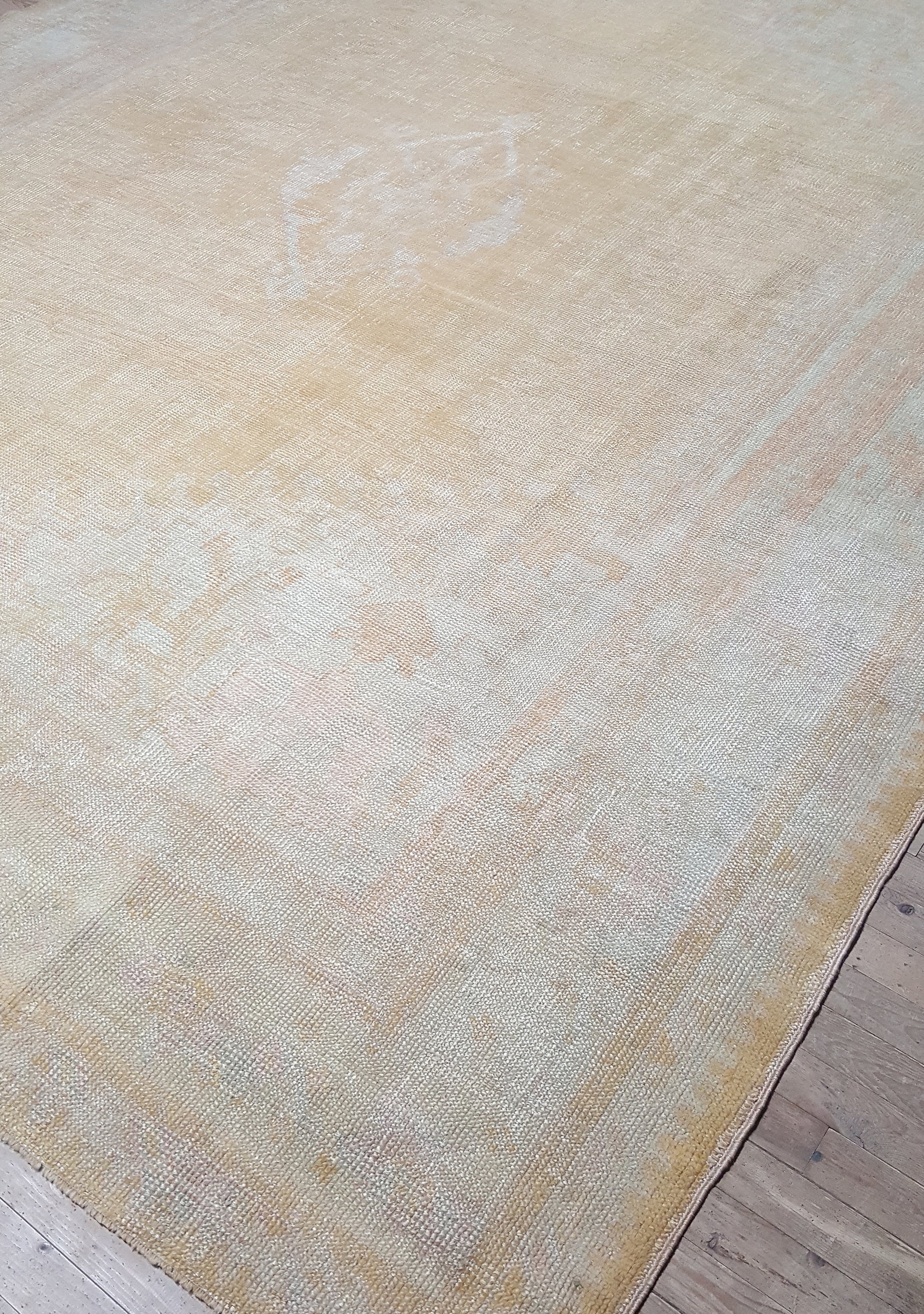 12' x 14' one-of-a-kind handmade vintage Kilim oversize rug. Color palette: ivory, sand, beige, cream, pale gold, blush