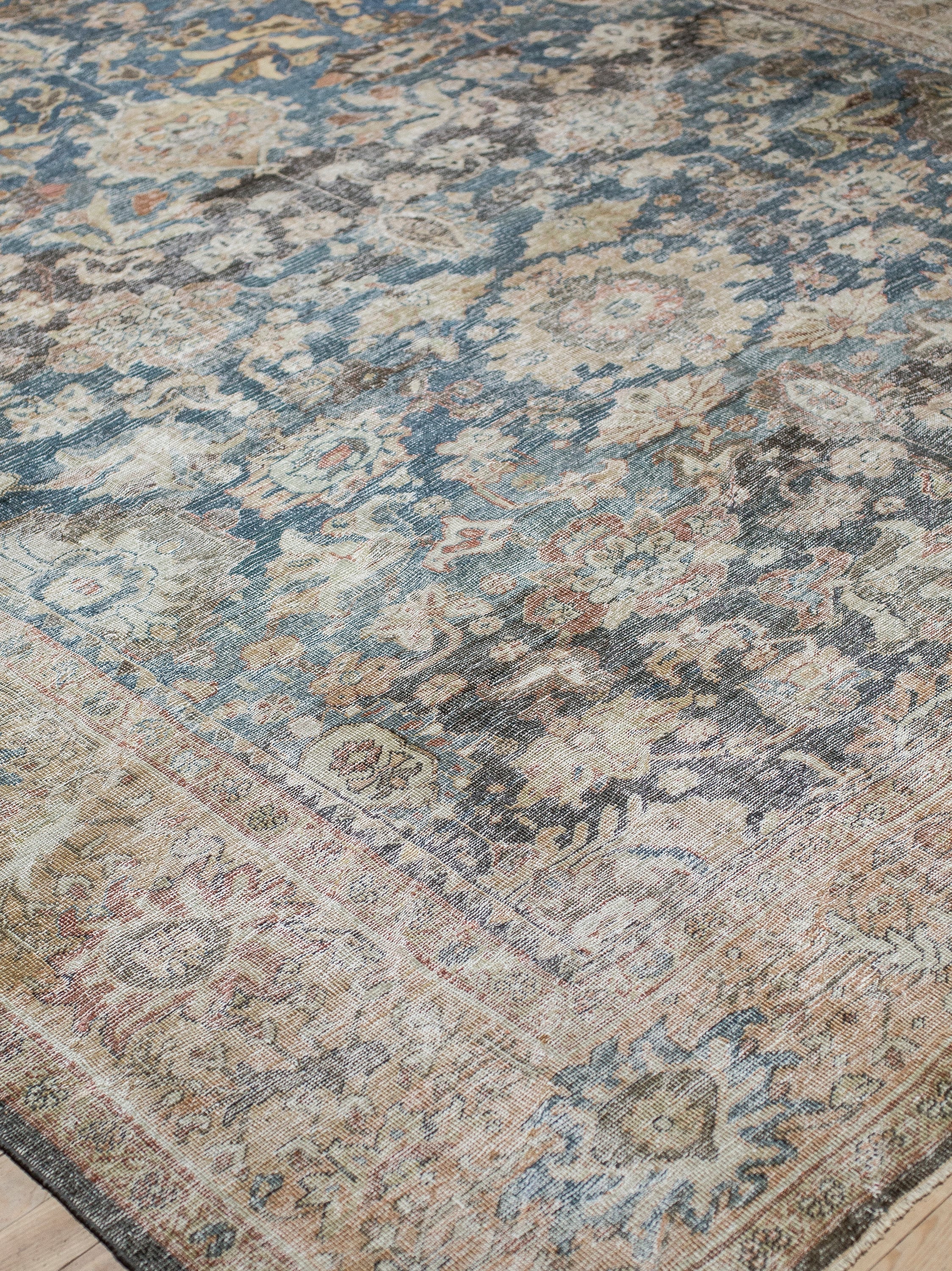 12' x 15' one-of-a-kind handmade vintage Kilim oversize rug. Color palette: ivory, blue gray, taupe, charcoal, terracotta