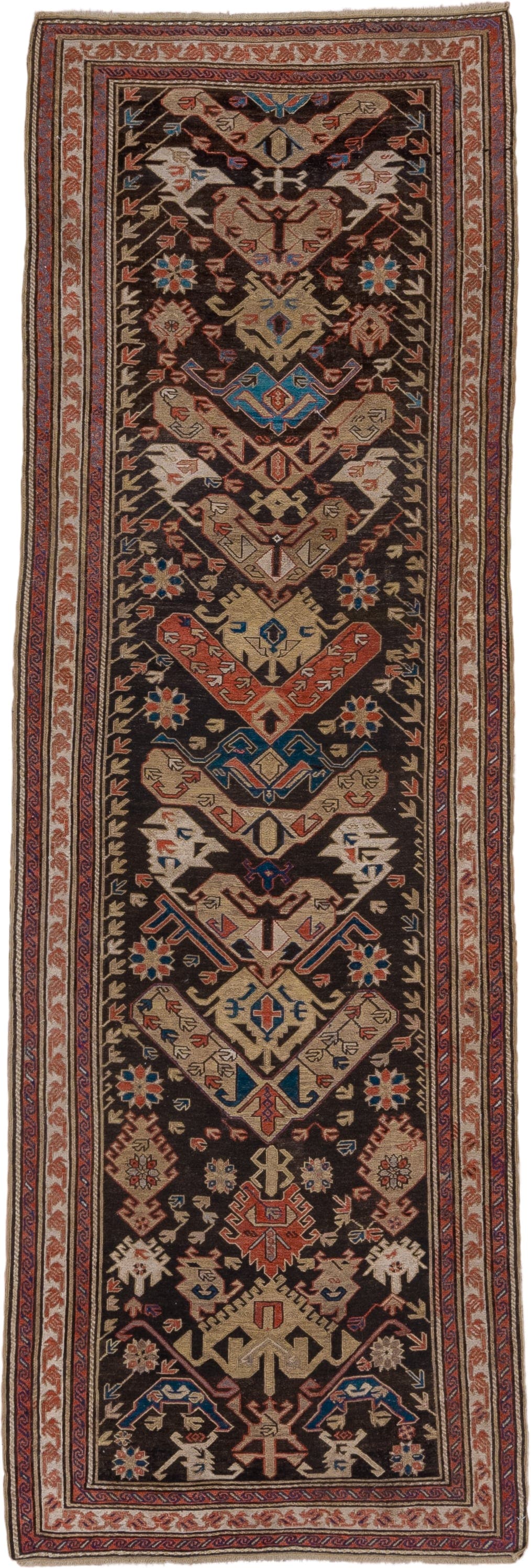 13' x 16' one-of-a-kind handmade vintage Afghan oversize rug. Color palette: dark brown, ivory, rust, blue, camel