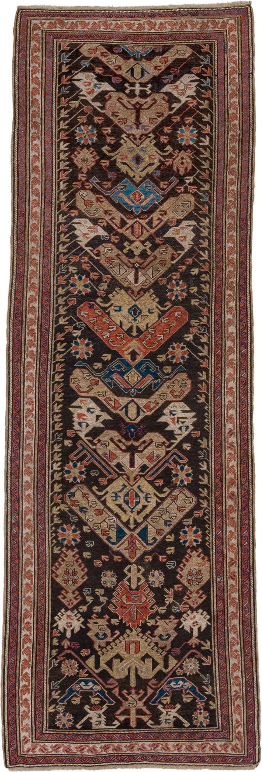 13' x 16' one-of-a-kind handmade vintage Afghan oversize rug. Color palette: dark brown, ivory, rust, blue, camel