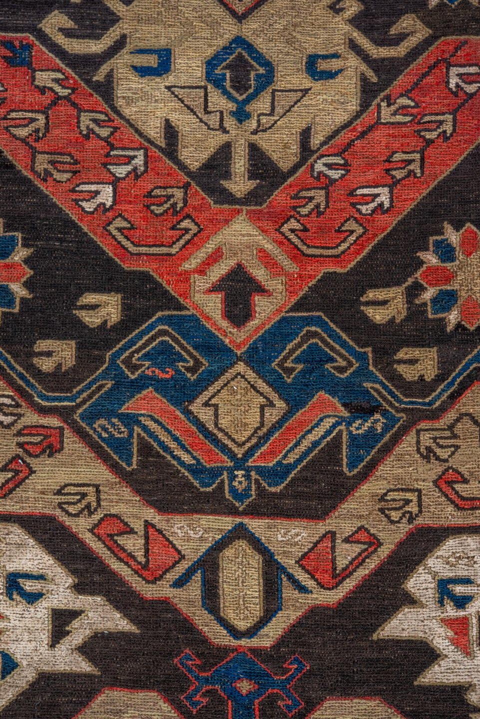 13' x 16' one-of-a-kind handmade vintage Afghan oversize rug. Color palette: dark brown, ivory, rust, blue, camel