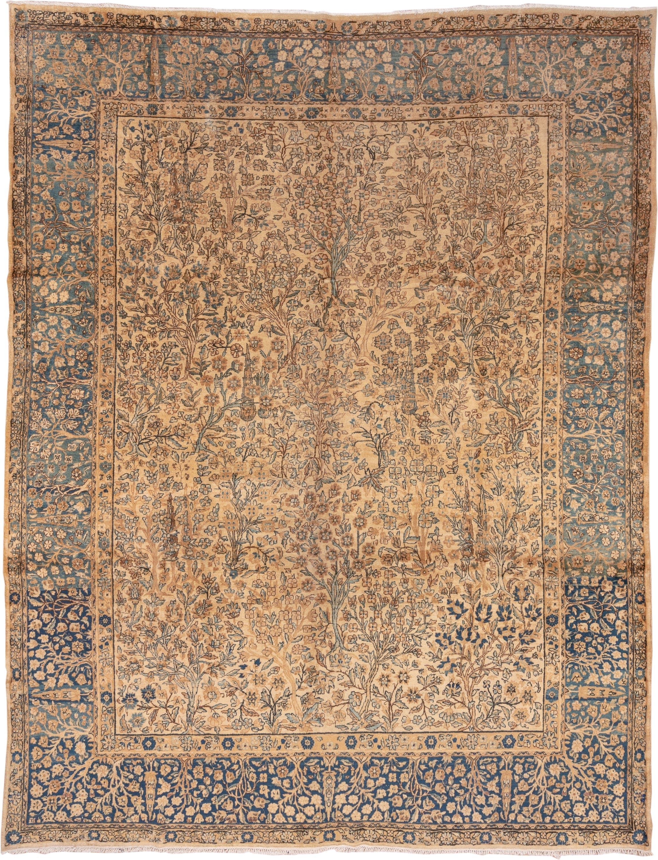 13' x 16' one-of-a-kind handmade vintage Afghan oversize rug. Color palette: ivory, slate blue, camel, taupe, navy, beige