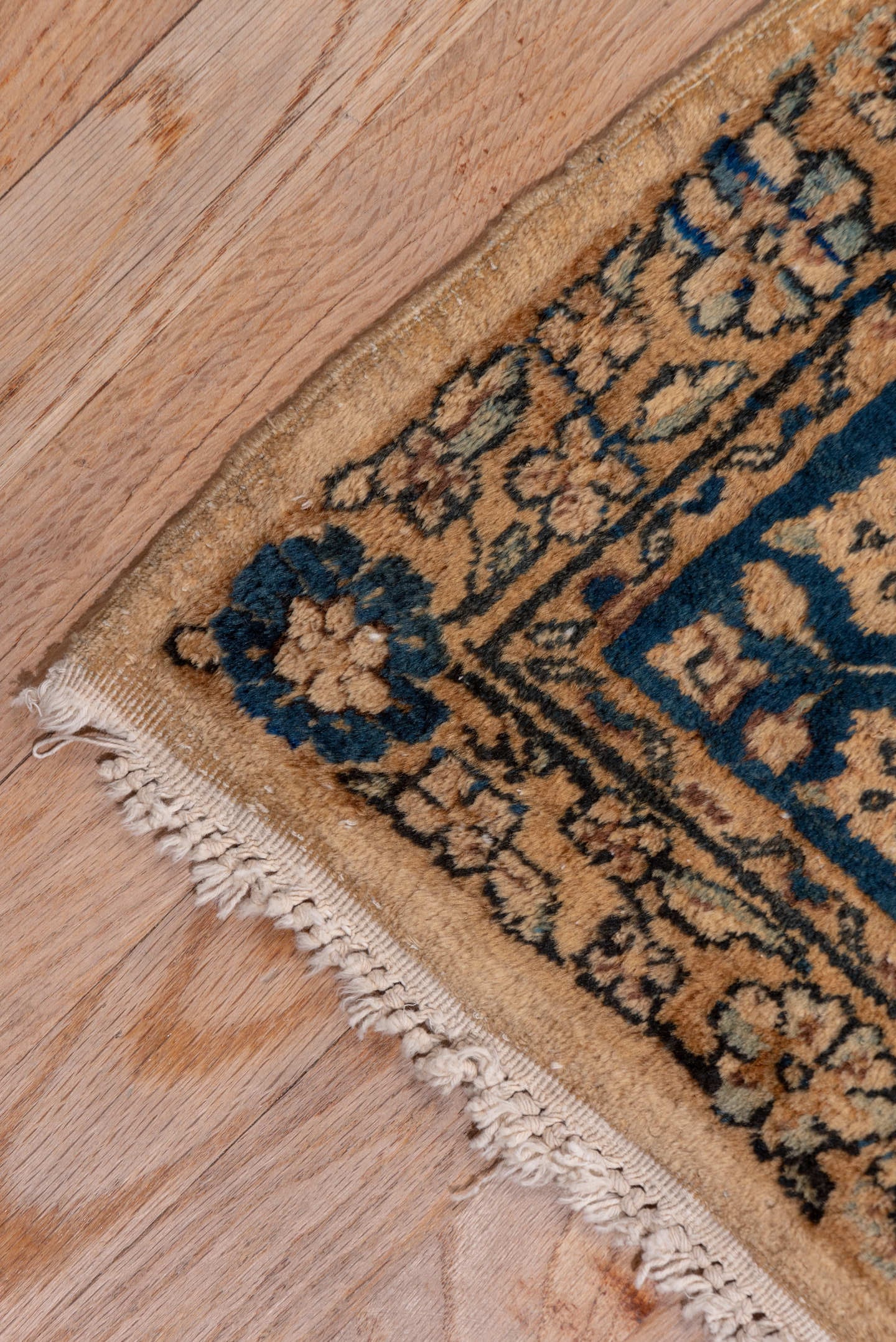 13' x 16' one-of-a-kind handmade vintage Afghan oversize rug. Color palette: ivory, slate blue, camel, taupe, navy, beige