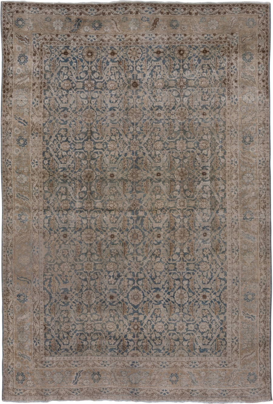 13' x 16' one-of-a-kind handmade vintage Tulu oversize rug. Color palette: taupe, blue gray, ivory, camel, brown, beige