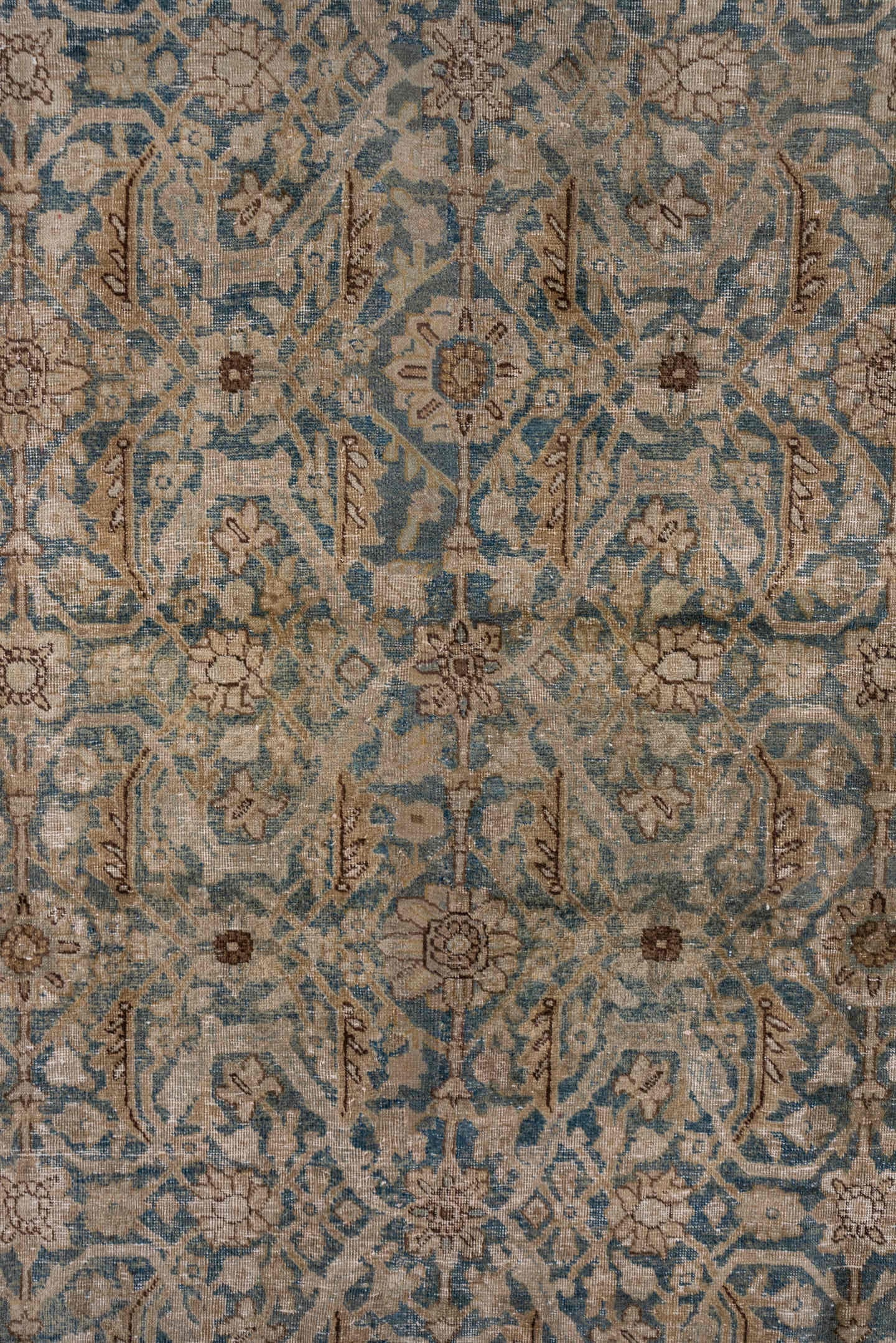 13' x 16' one-of-a-kind handmade vintage Tulu oversize rug. Color palette: taupe, blue gray, ivory, camel, brown, beige