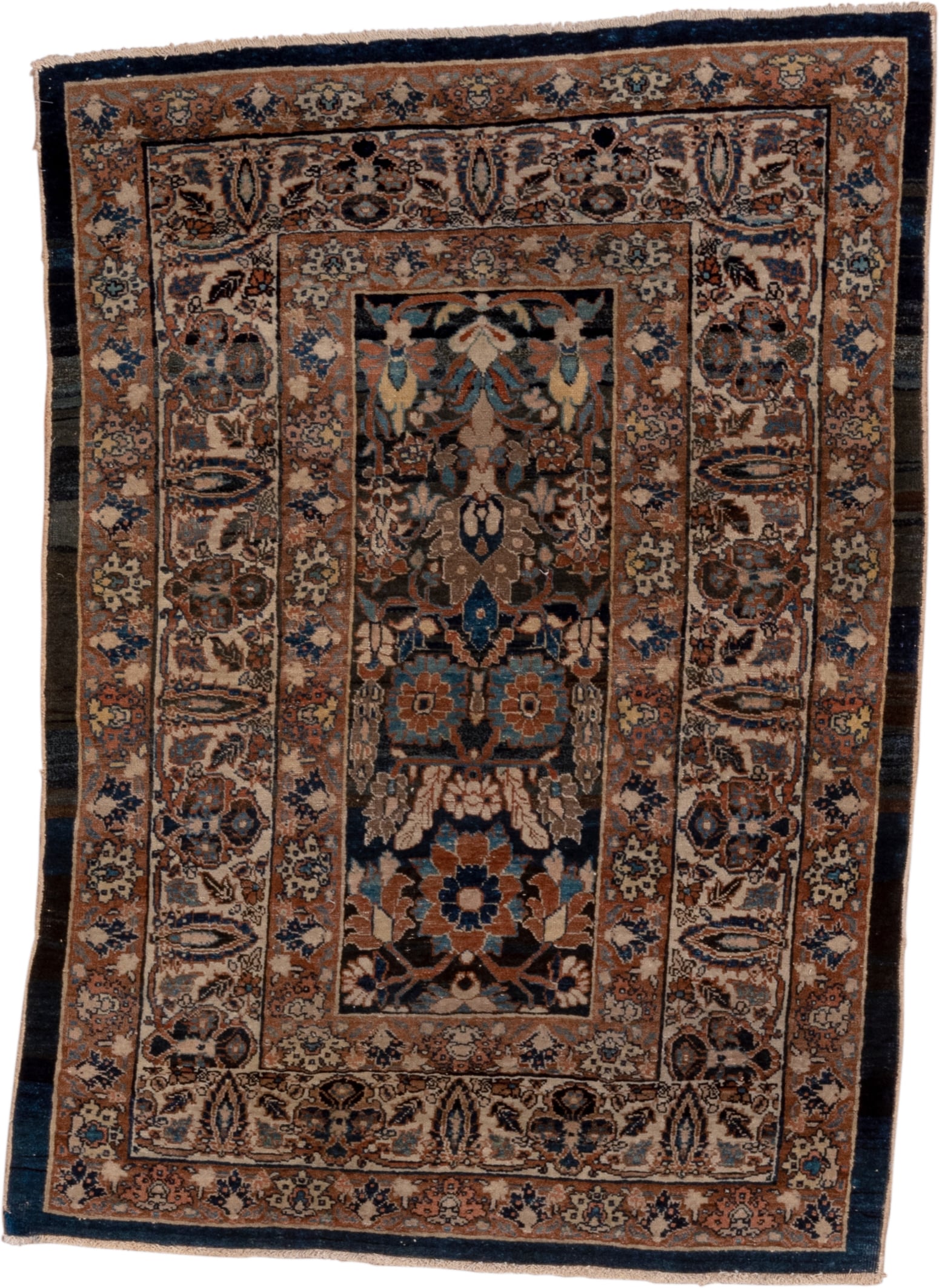 13' x 15' one-of-a-kind handmade vintage Tulu oversize rug. Color palette: ivory, camel, indigo, taupe, slate, brown