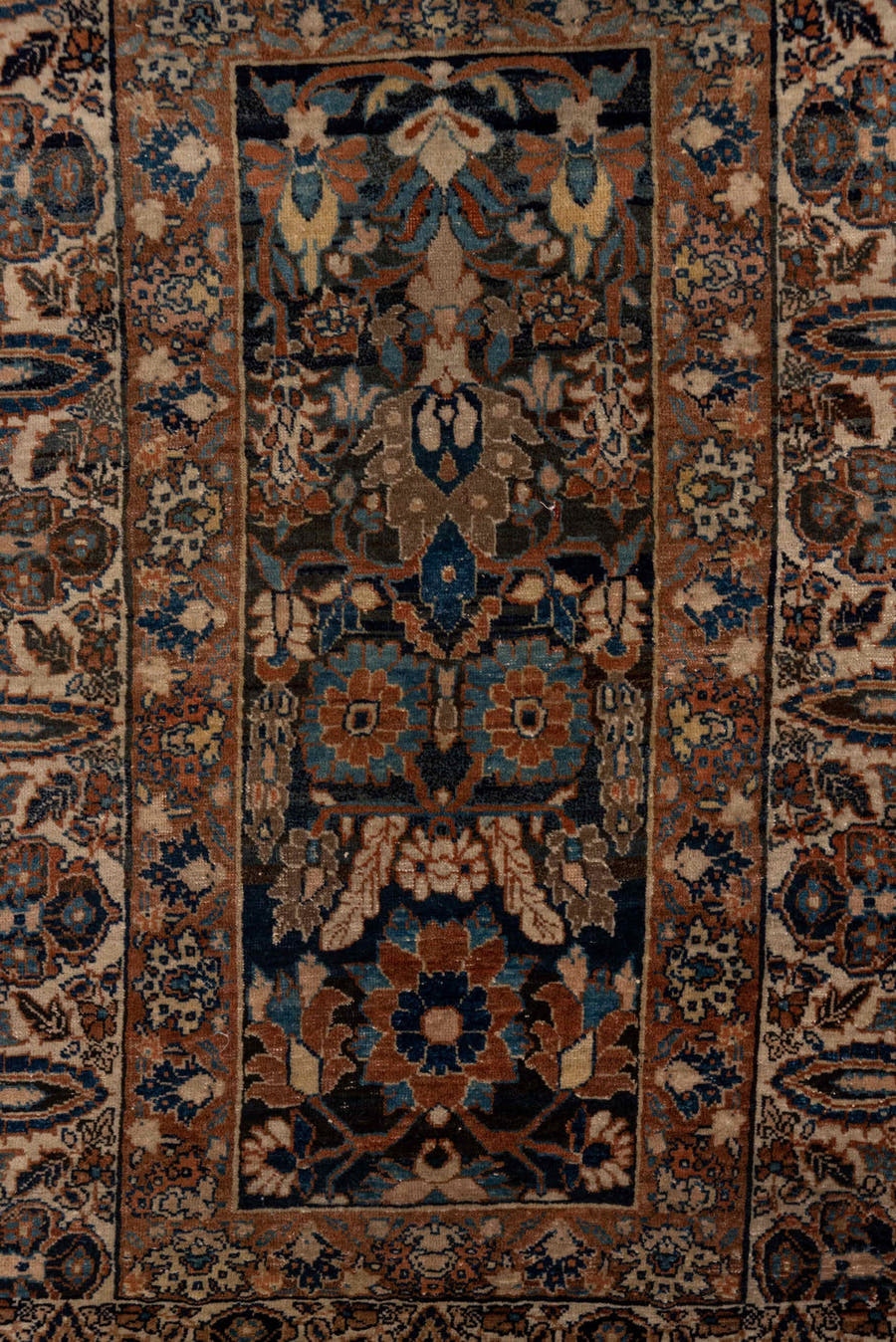 13' x 15' one-of-a-kind handmade vintage Tulu oversize rug. Color palette: ivory, camel, indigo, taupe, slate, brown
