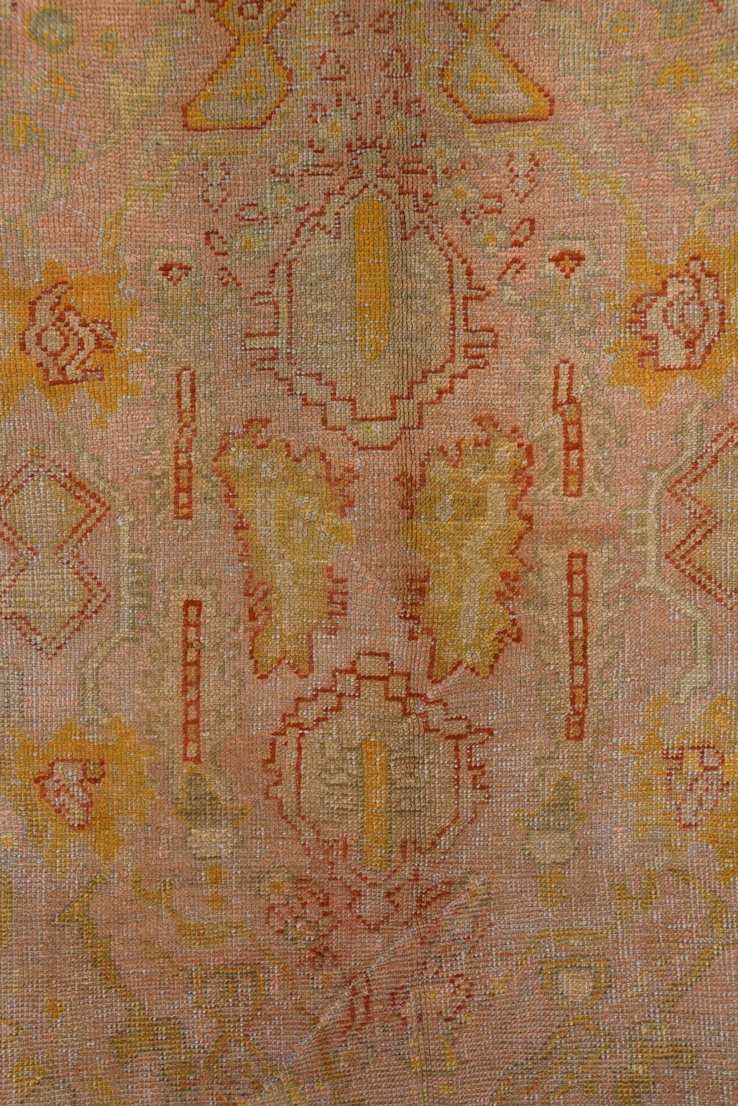11' x 14' one-of-a-kind handmade vintage Kilim oversize rug. Color palette: blush, ivory, sage, muted gold, terra cotta