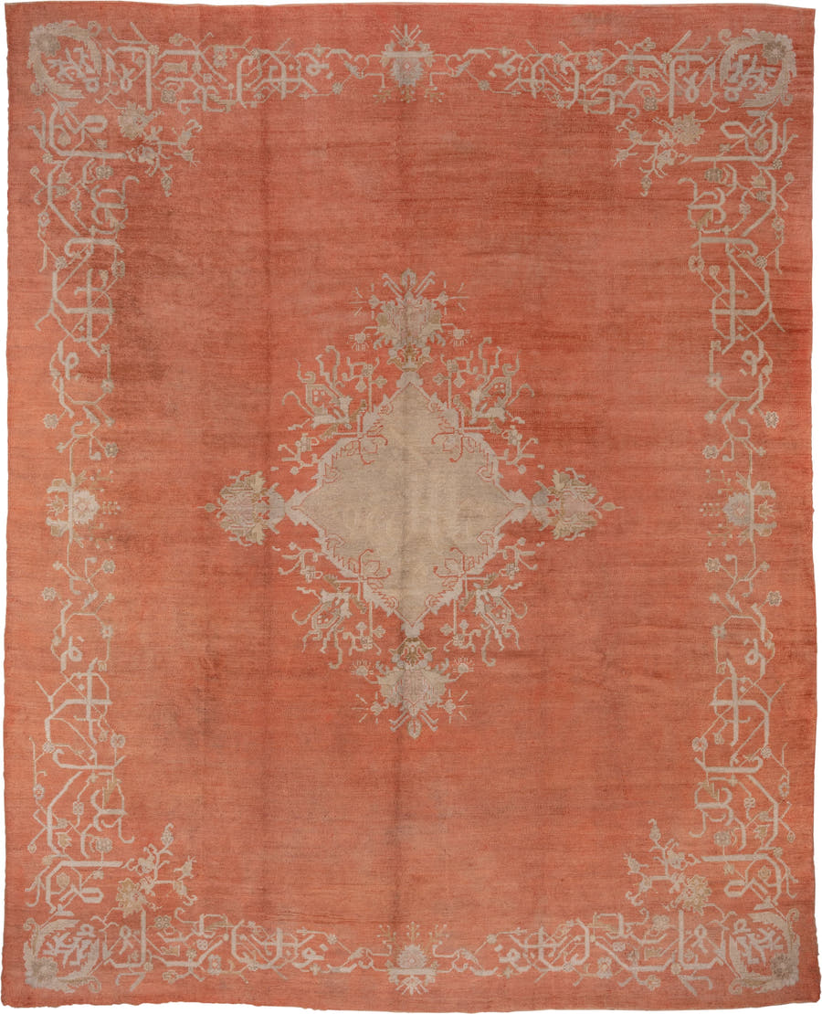 13' x 18' one-of-a-kind handmade vintage Oushak oversize rug. Color palette: terracotta, ivory, peach, taupe, camel, brown