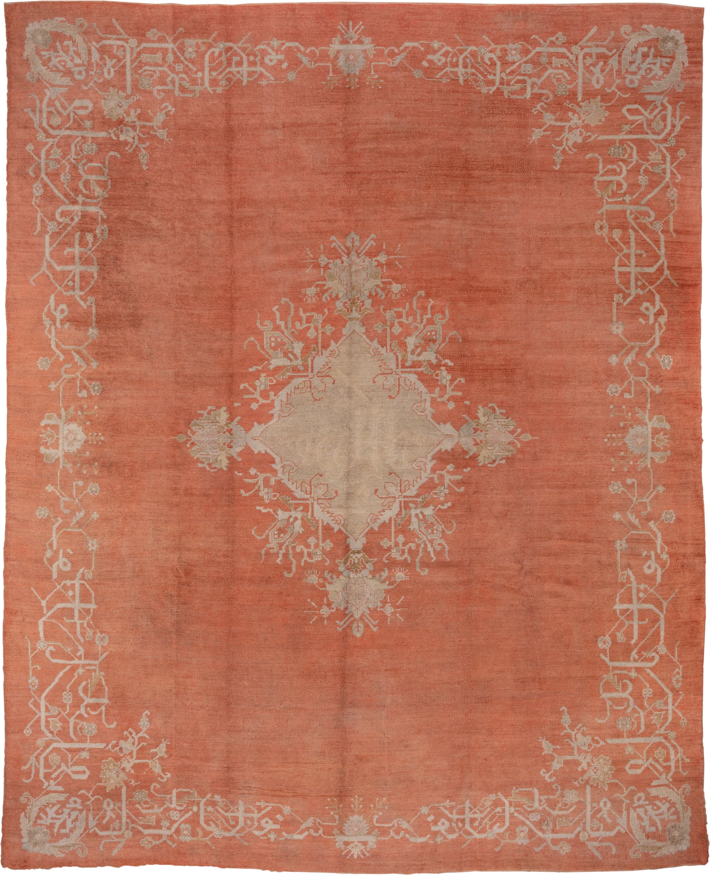 13' x 18' one-of-a-kind handmade vintage Oushak oversize rug. Color palette: terracotta, ivory, peach, taupe, camel, brown