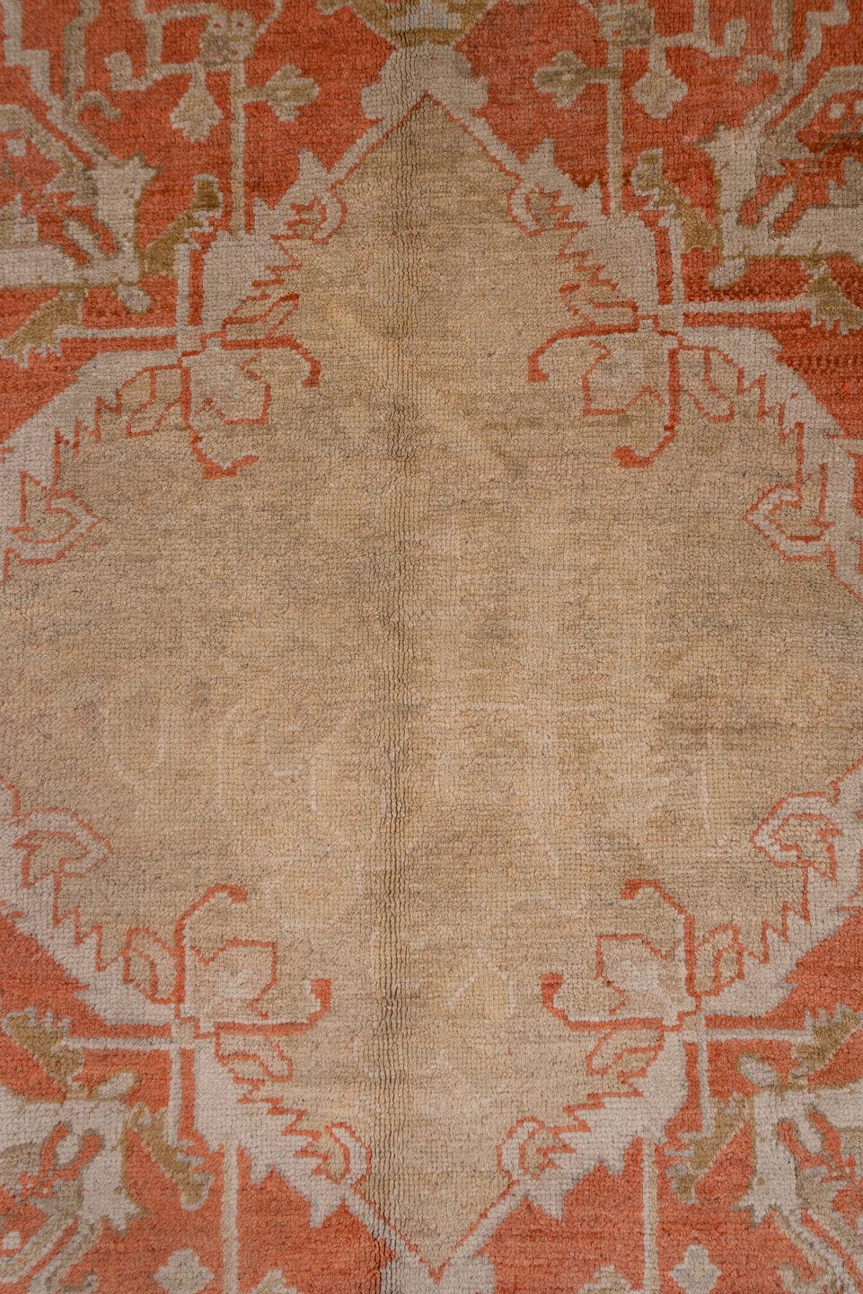13' x 18' one-of-a-kind handmade vintage Oushak oversize rug. Color palette: terracotta, ivory, peach, taupe, camel, brown