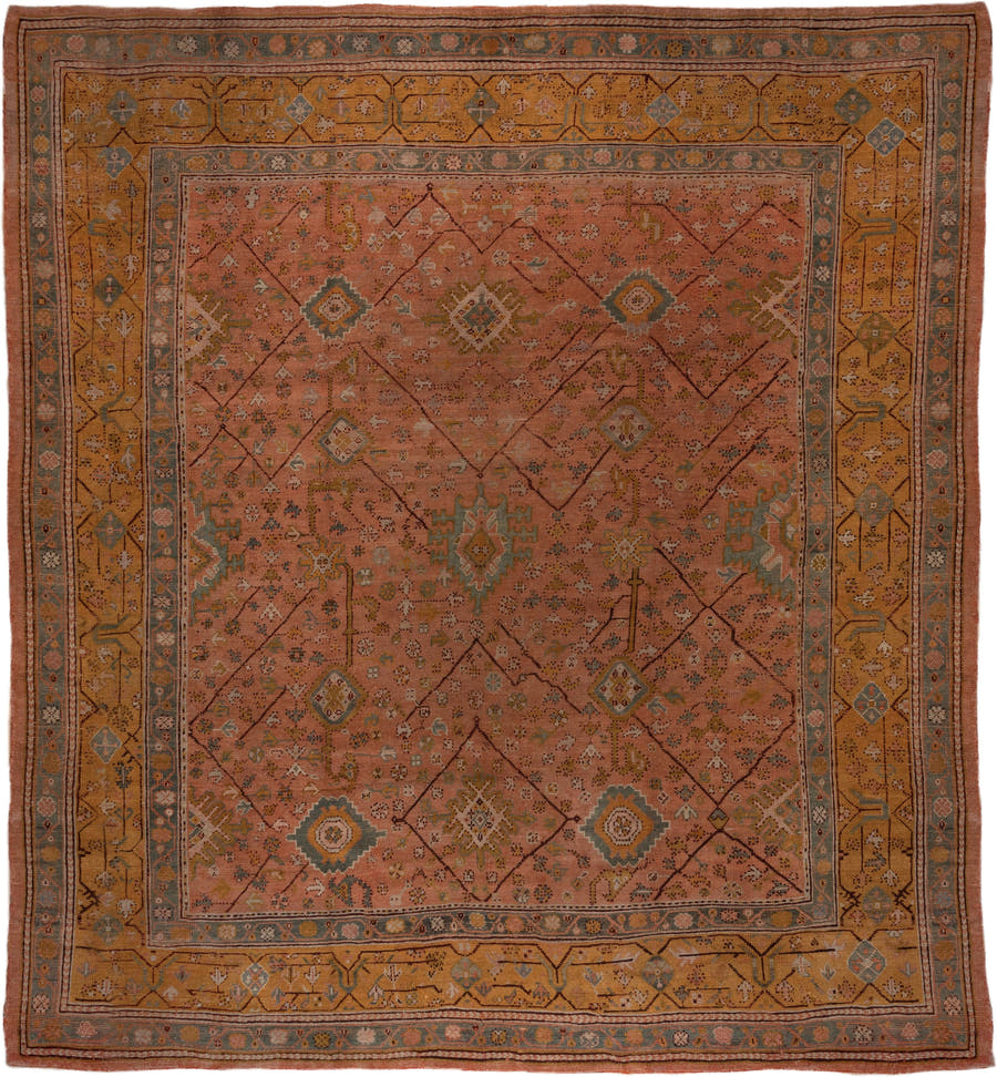 8' x 11' one-of-a-kind handmade vintage Oushak large size rug. Color palette: terracotta, ochre, blue gray, taupe, ivory