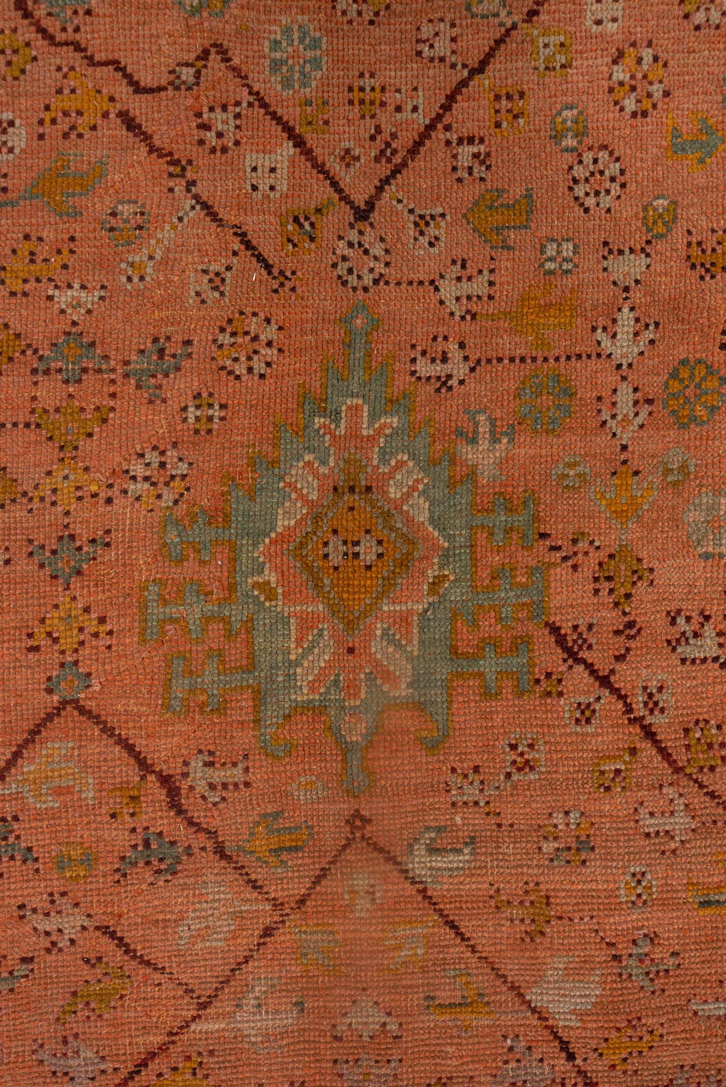 8' x 11' one-of-a-kind handmade vintage Oushak large size rug. Color palette: terracotta, ochre, blue gray, taupe, ivory