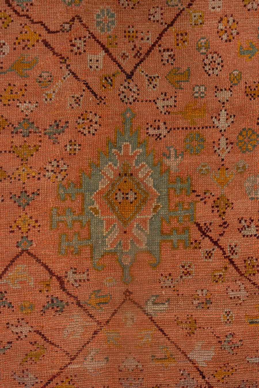 8' x 11' one-of-a-kind handmade vintage Oushak large size rug. Color palette: terracotta, ochre, blue gray, taupe, ivory