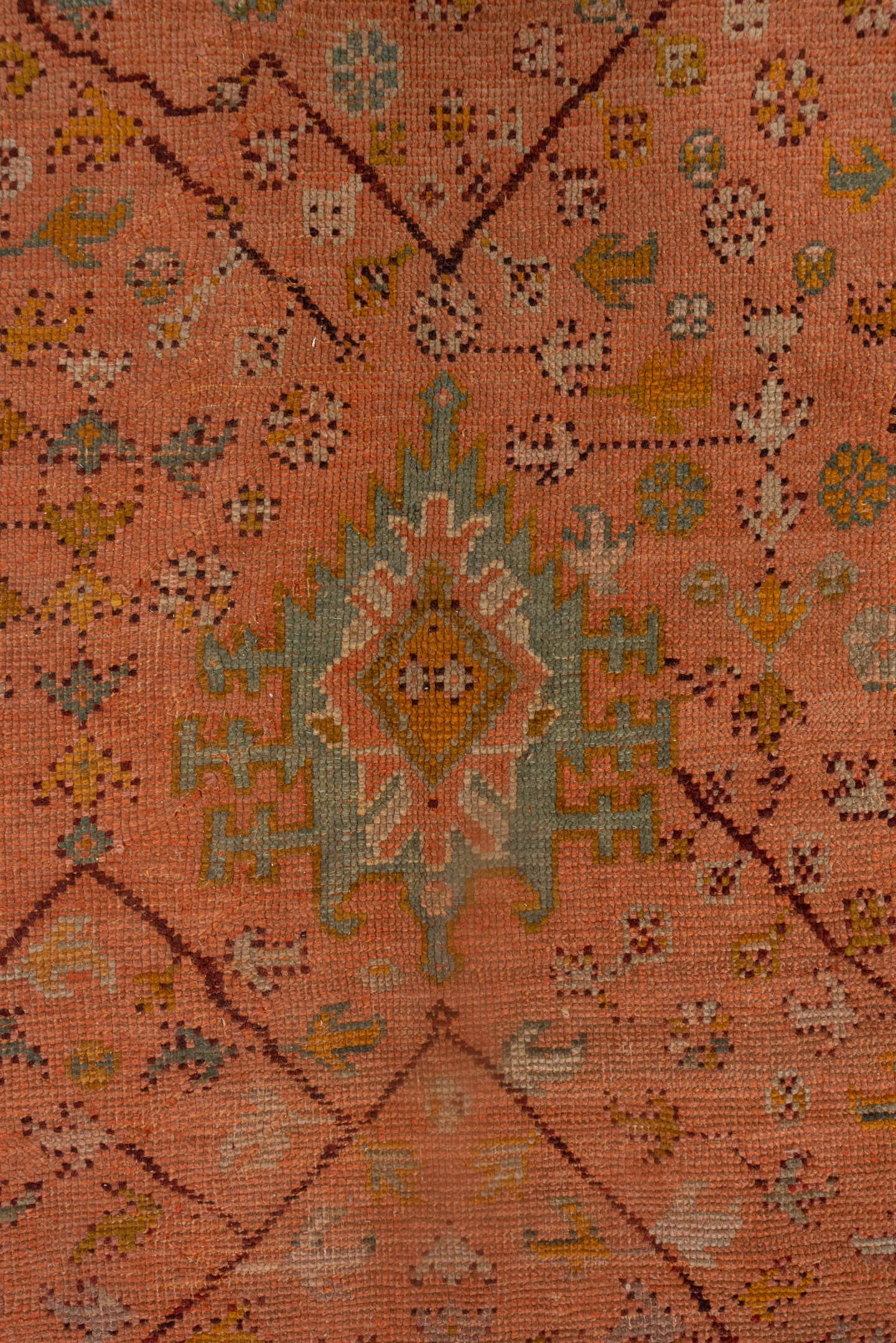 8' x 11' one-of-a-kind handmade vintage Oushak large size rug. Color palette: terracotta, ochre, blue gray, taupe, ivory