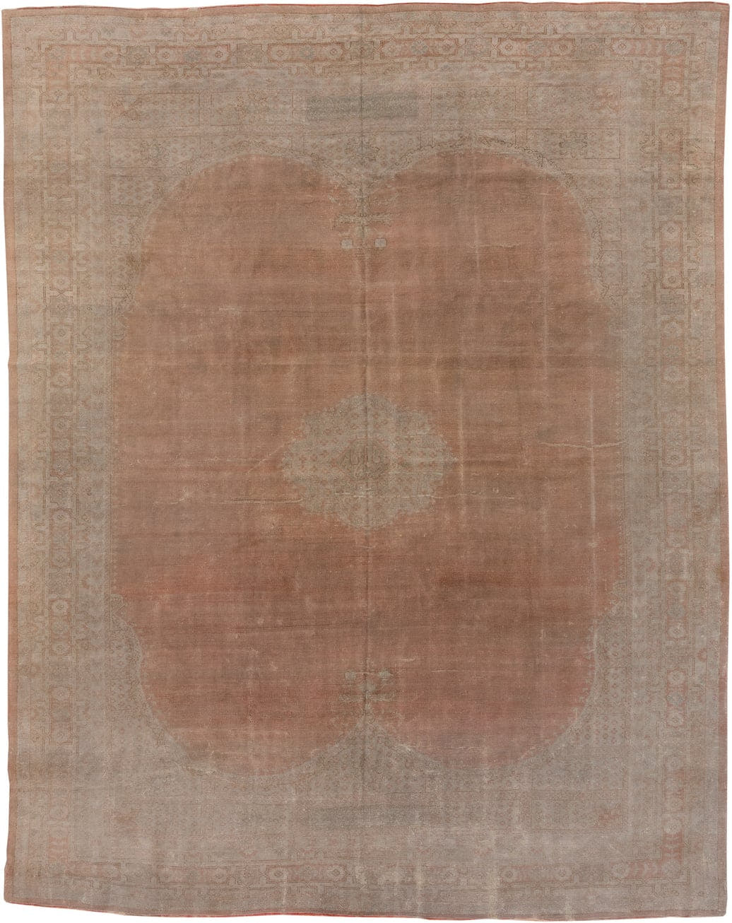 12' x 15' one-of-a-kind handmade vintage Kilim oversize rug. Color palette: blush, taupe, ivory, dusty rose, beige, sand