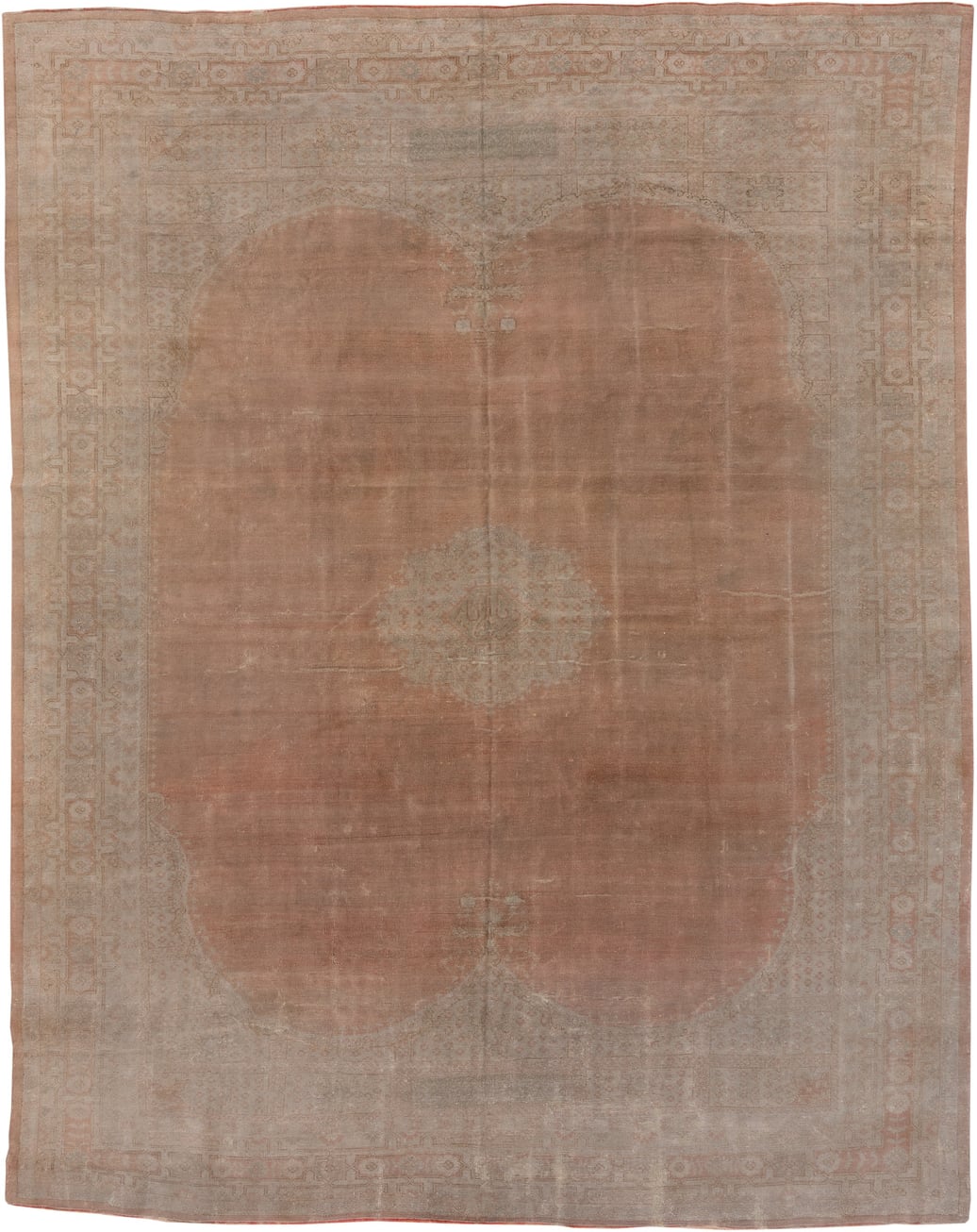 12' x 15' one-of-a-kind handmade vintage Kilim oversize rug. Color palette: blush, taupe, ivory, dusty rose, beige, sand