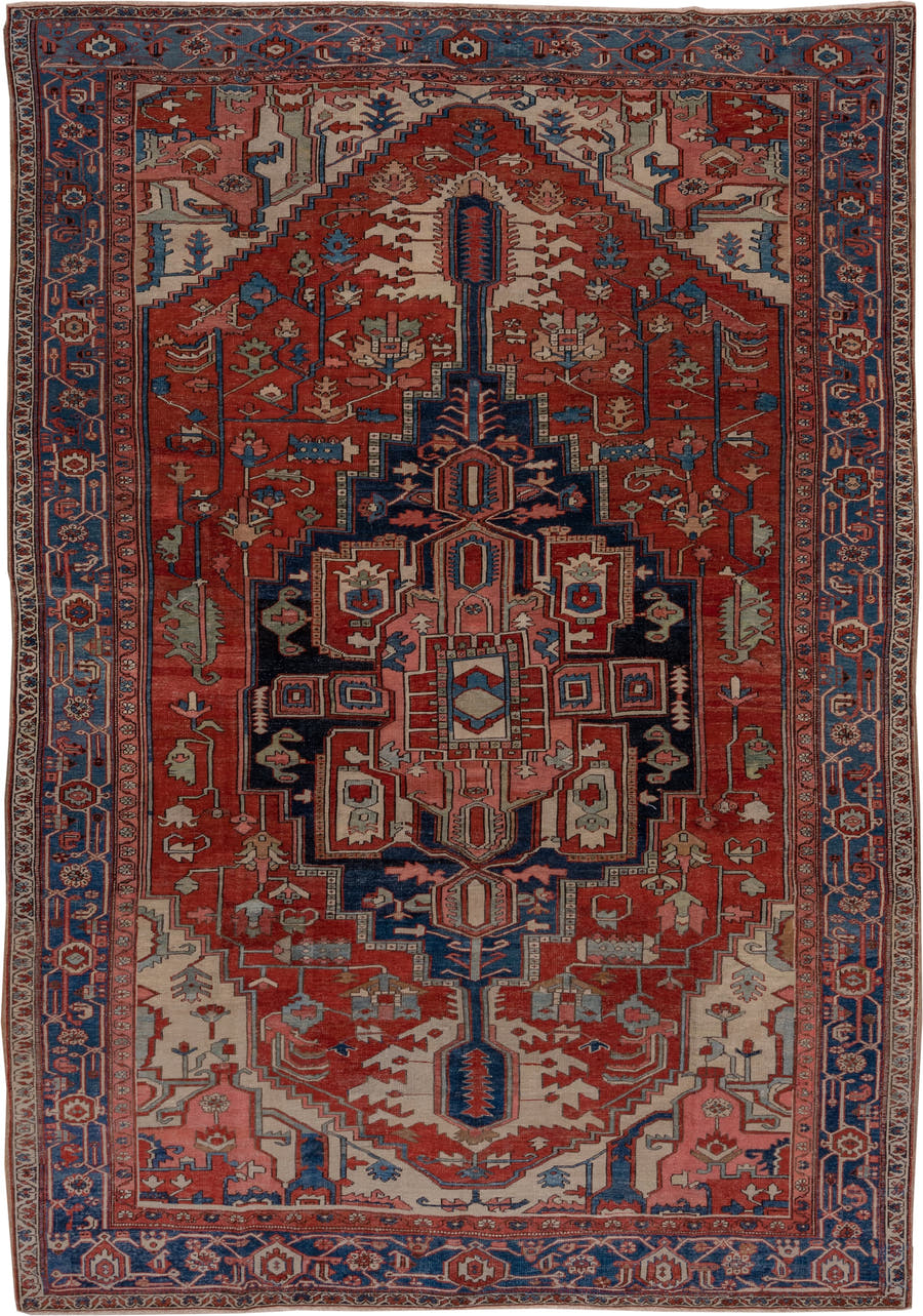 8' x 12' one-of-a-kind handmade vintage Kilim large size rug. Color palette: terracotta, ivory, deep blue, rose, slate