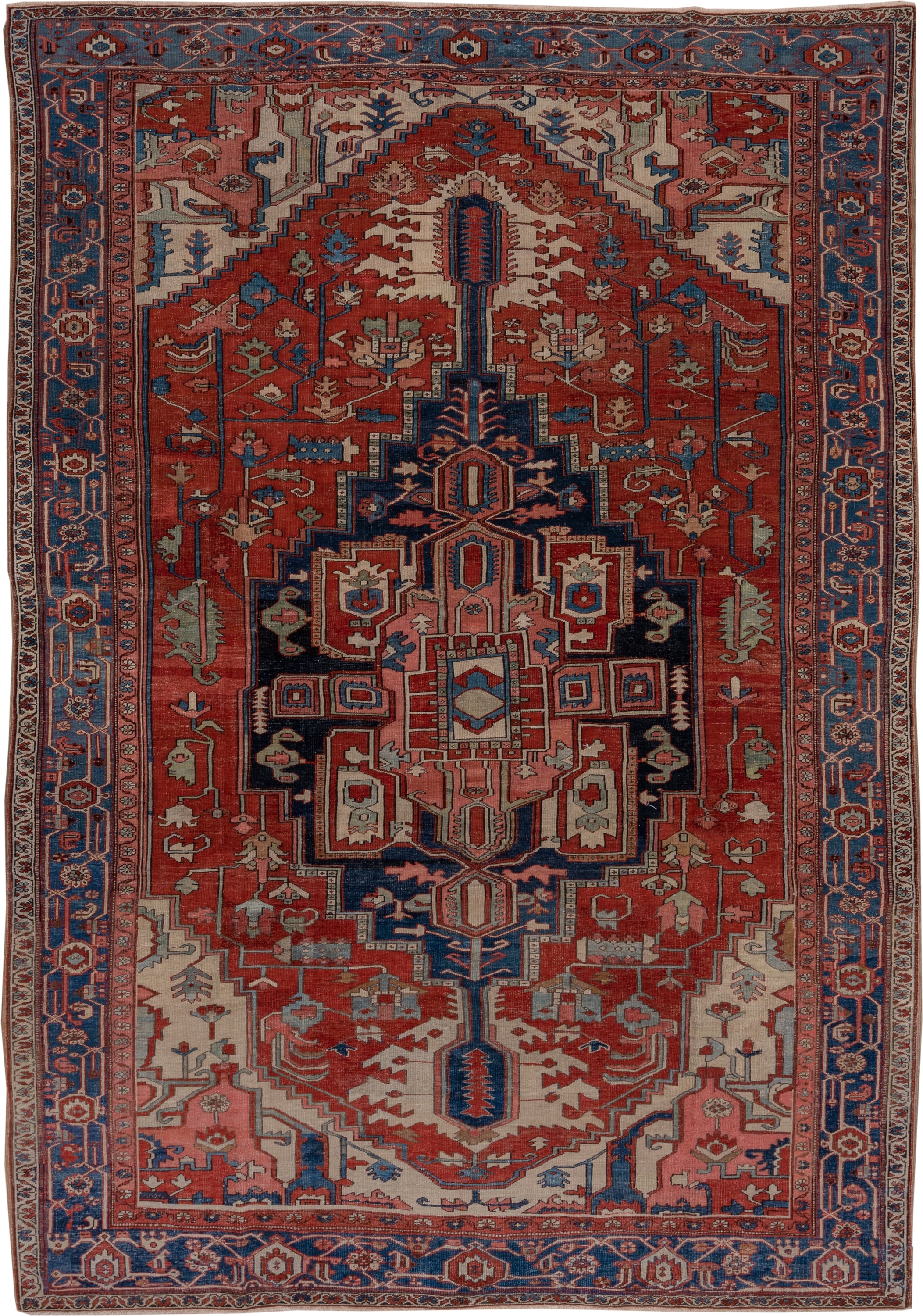 8' x 12' one-of-a-kind handmade vintage Kilim large size rug. Color palette: terracotta, ivory, deep blue, rose, slate