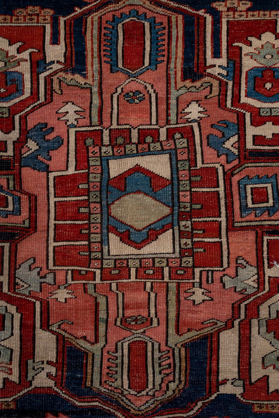 8' x 12' one-of-a-kind handmade vintage Kilim large size rug. Color palette: terracotta, ivory, deep blue, rose, slate