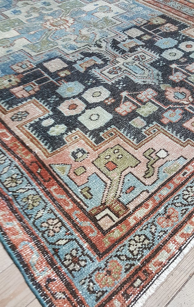 9' x 13' one-of-a-kind handmade vintage Kilim large size rug. Color palette: charcoal, sky blue, blush, terracotta, ivory