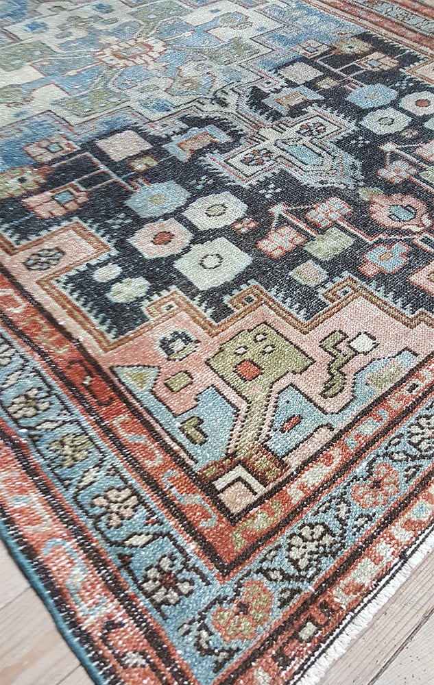 9' x 13' one-of-a-kind handmade vintage Kilim large size rug. Color palette: charcoal, sky blue, blush, terracotta, ivory