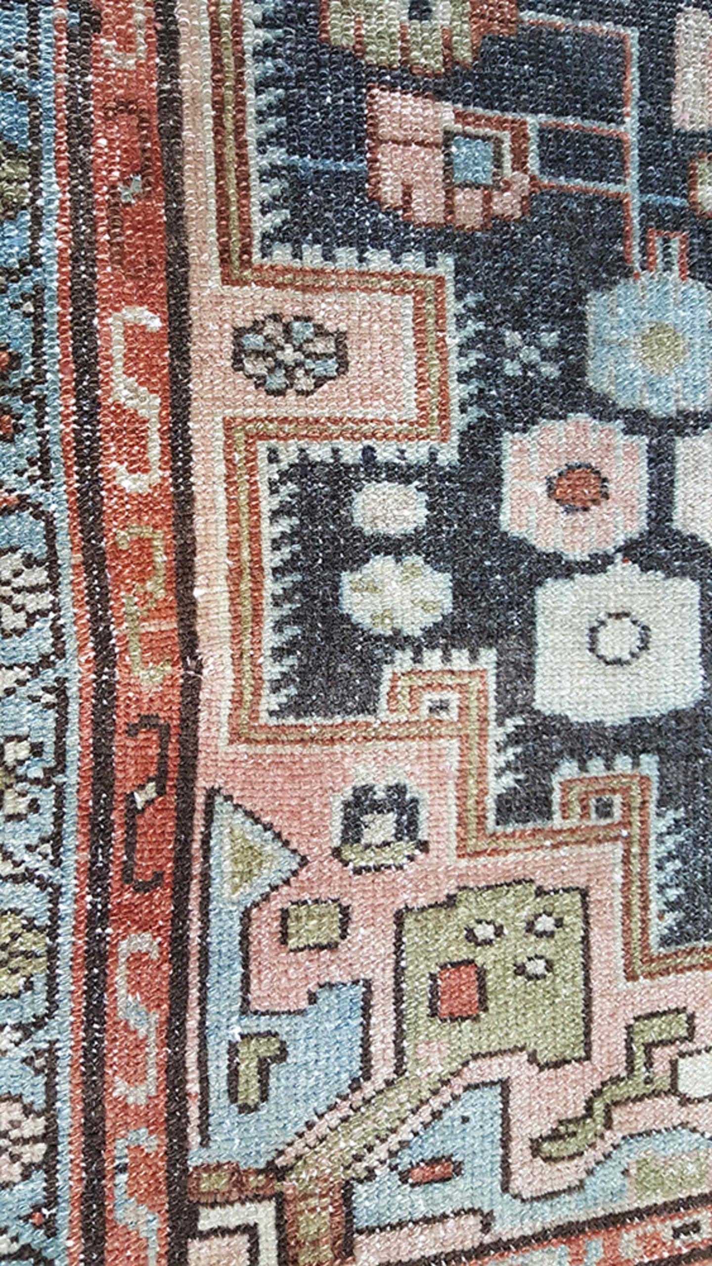 9' x 13' one-of-a-kind handmade vintage Kilim large size rug. Color palette: charcoal, sky blue, blush, terracotta, ivory