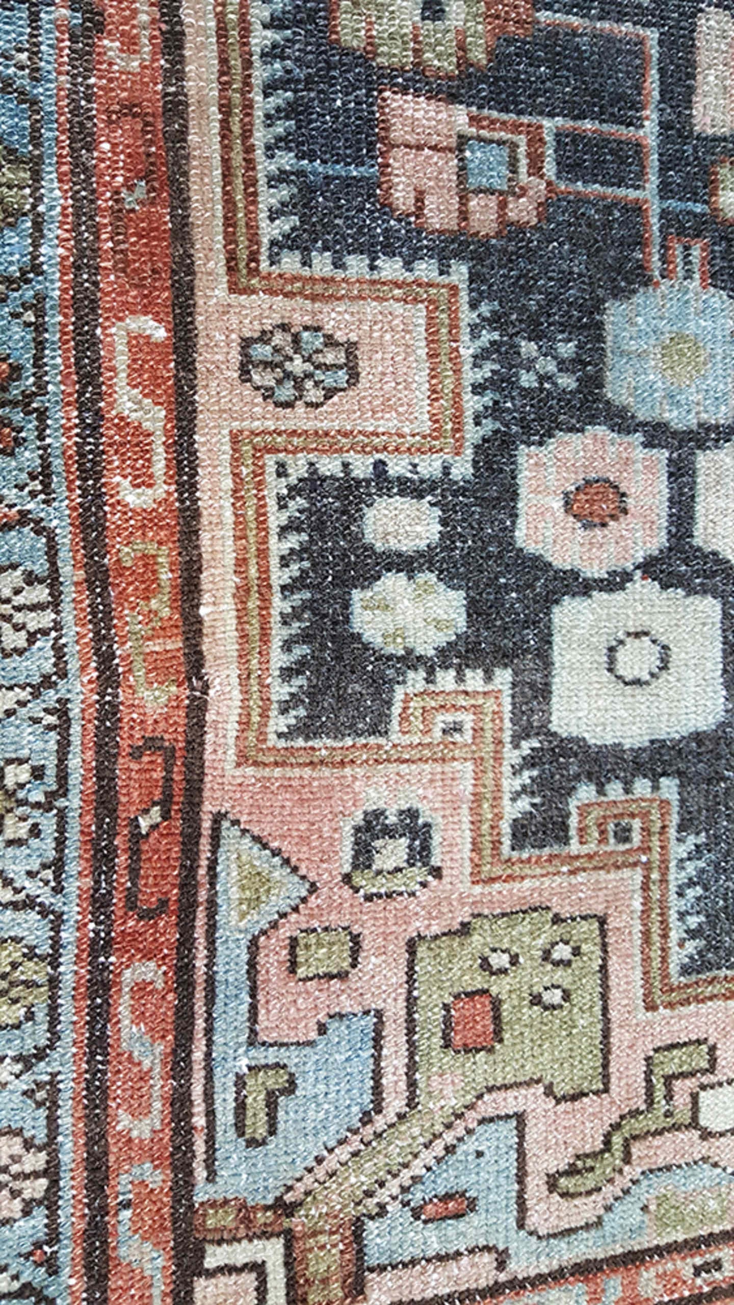 9' x 13' one-of-a-kind handmade vintage Kilim large size rug. Color palette: charcoal, sky blue, blush, terracotta, ivory