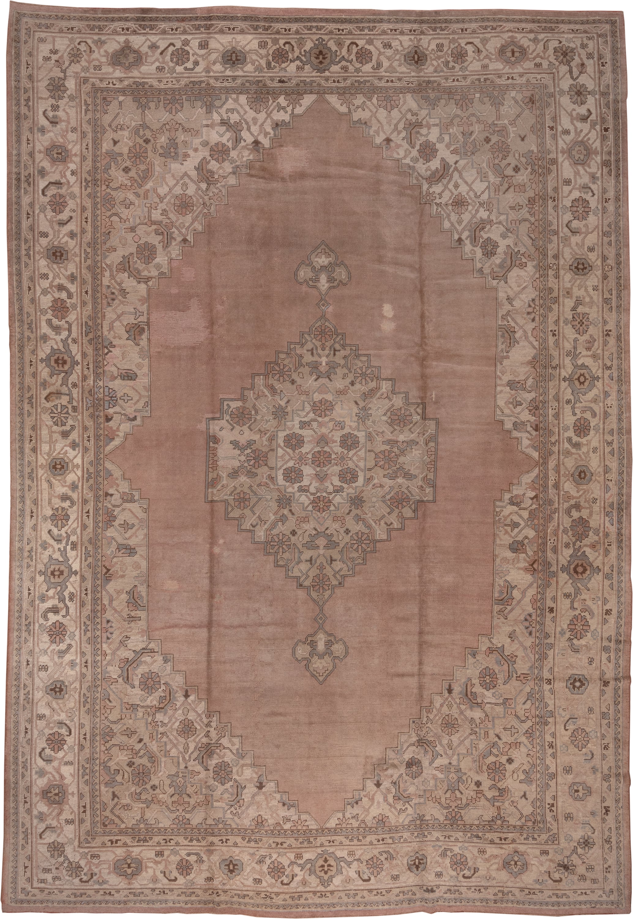 10' x 14' one-of-a-kind handmade vintage Kilim rug. Color palette: rose, ivory, taupe, dusty blue, camel, brown, pink, red