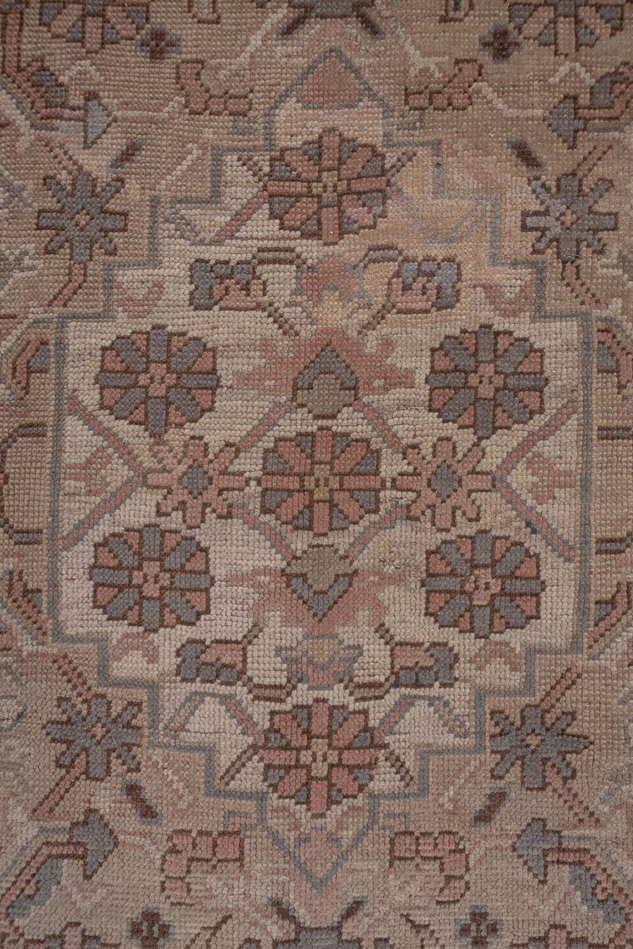10' x 14' one-of-a-kind handmade vintage Kilim rug. Color palette: rose, ivory, taupe, dusty blue, camel, brown, pink, red