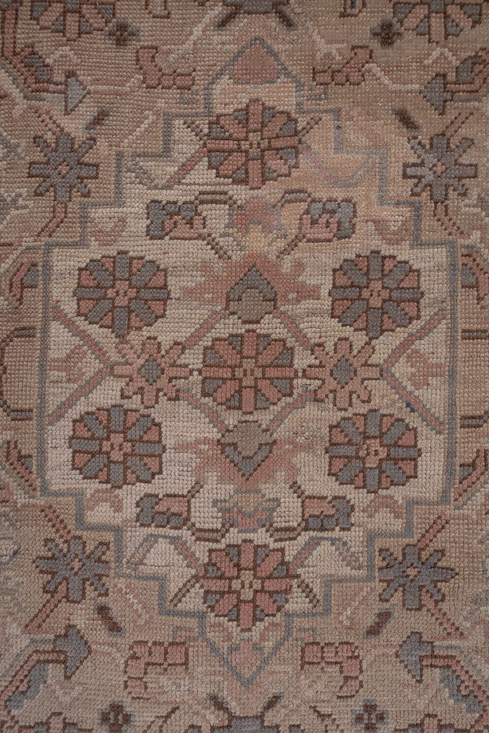 10' x 14' one-of-a-kind handmade vintage Kilim rug. Color palette: rose, ivory, taupe, dusty blue, camel, brown, pink, red