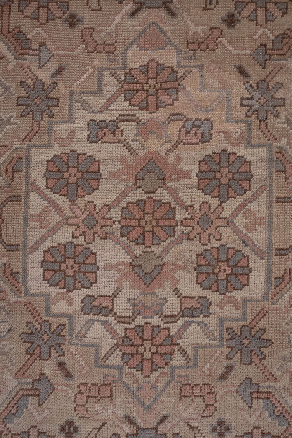 10' x 14' one-of-a-kind handmade vintage Kilim rug. Color palette: rose, ivory, taupe, dusty blue, camel, brown, pink, red