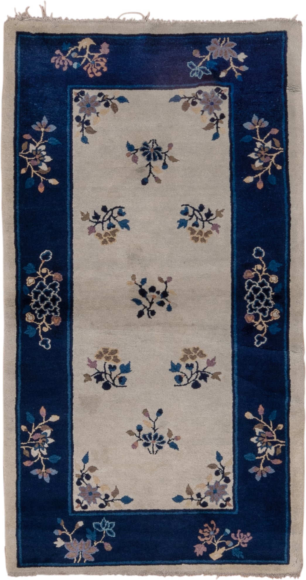 12' x 15' one-of-a-kind handmade vintage Afghan oversize rug. Color palette: ivory, navy, camel, rose, sky blue, taupe