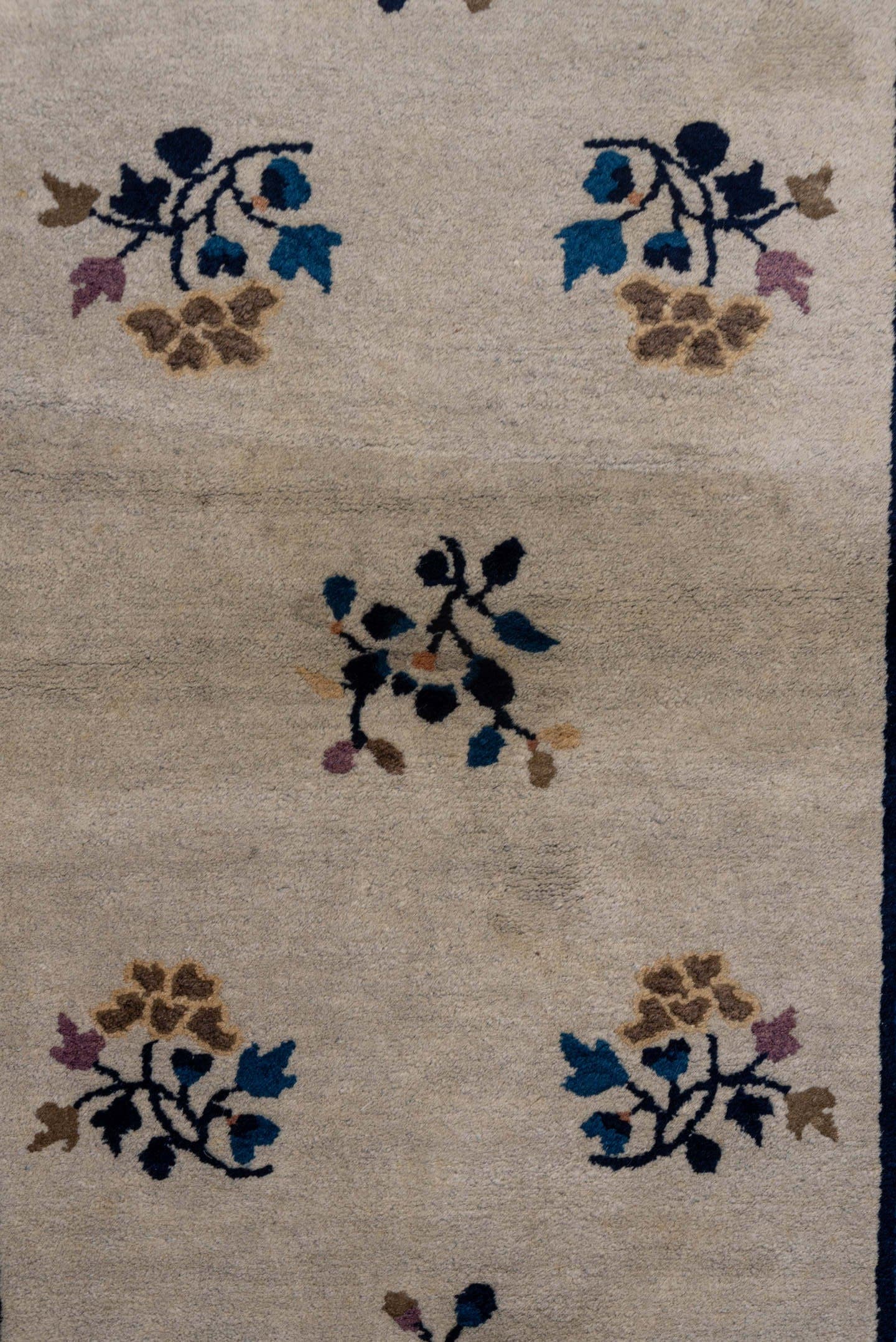 12' x 15' one-of-a-kind handmade vintage Afghan oversize rug. Color palette: ivory, navy, camel, rose, sky blue, taupe