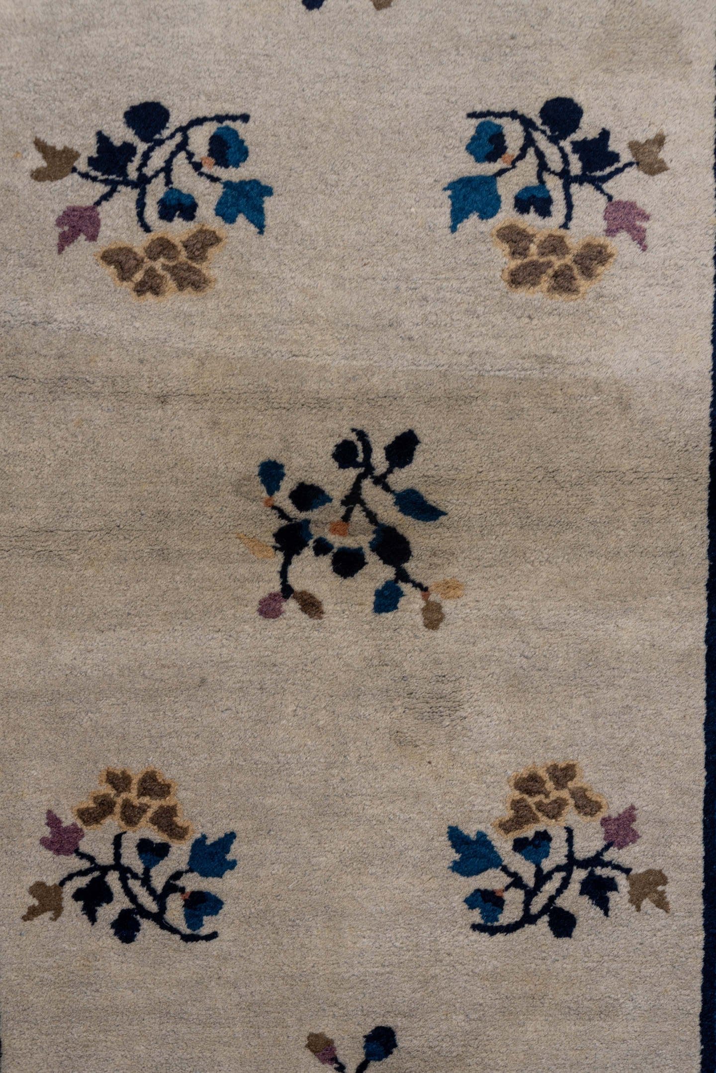 12' x 15' one-of-a-kind handmade vintage Afghan oversize rug. Color palette: ivory, navy, camel, rose, sky blue, taupe