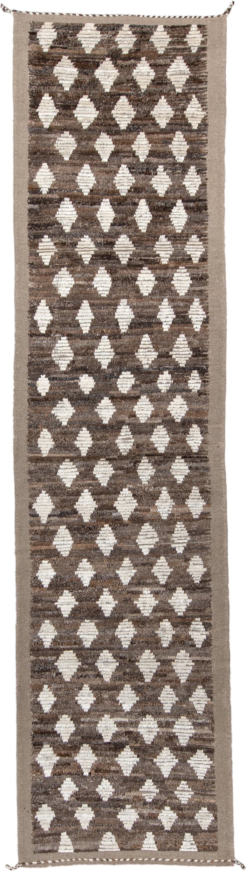 3' x 13' one-of-a-kind handmade vintage Tulu runner rug. Color palette: brown, ivory, charcoal, taupe, cream, black, gray