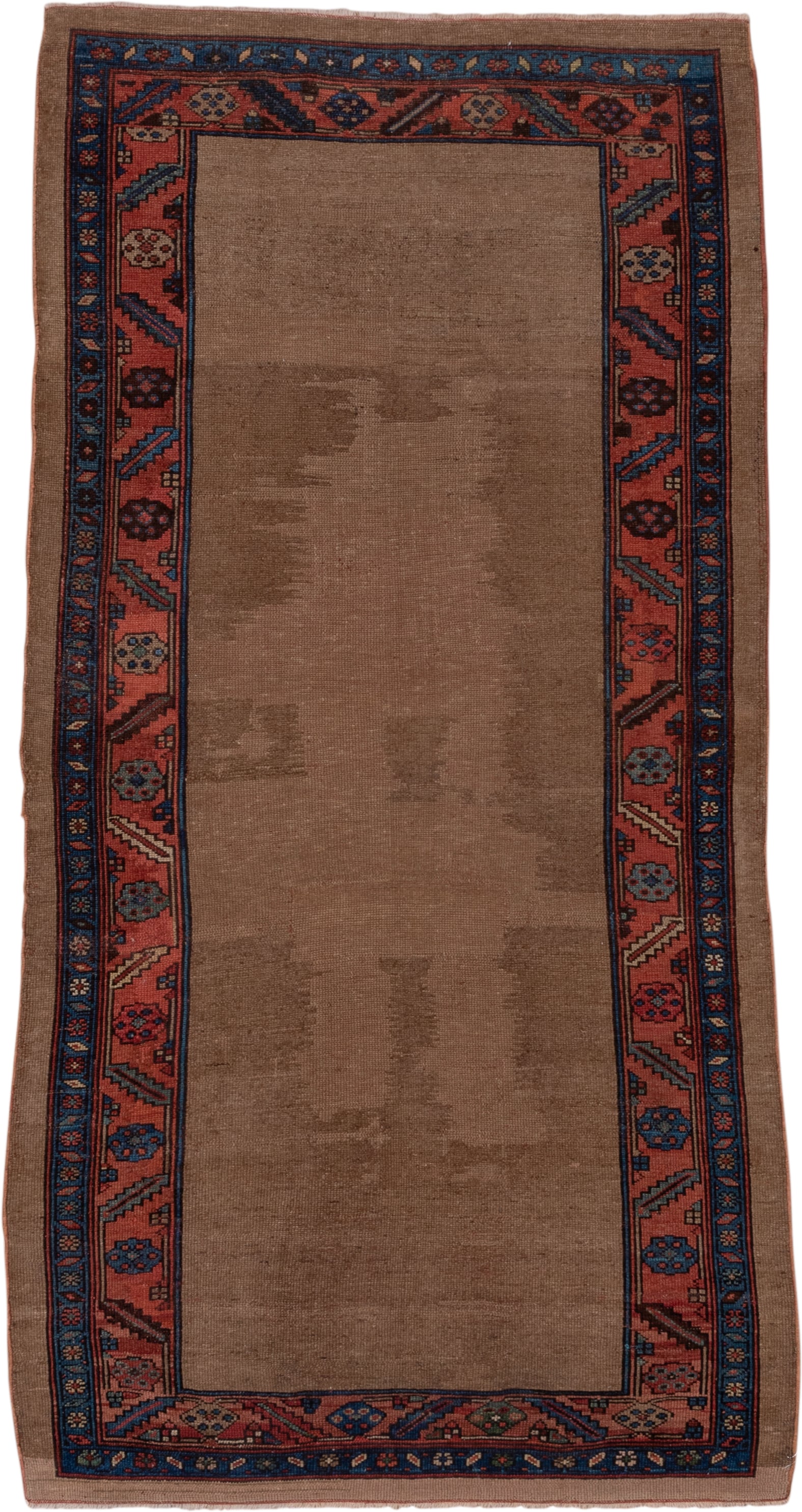 3' x 17' one-of-a-kind handmade vintage Tulu runner rug. Color palette: camel, coral, navy, ivory, taupe, slate, beige