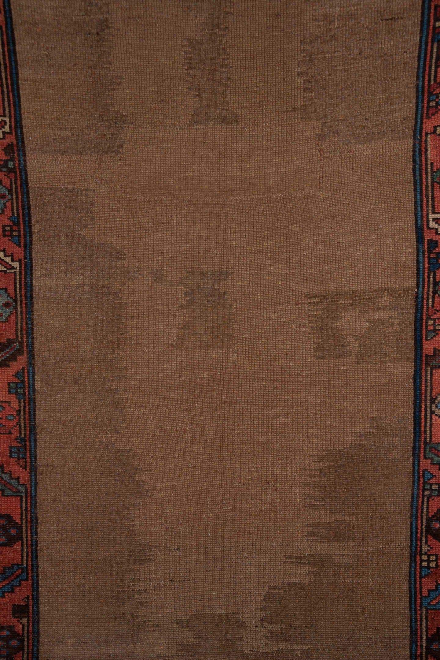 3' x 17' one-of-a-kind handmade vintage Tulu runner rug. Color palette: camel, coral, navy, ivory, taupe, slate, beige