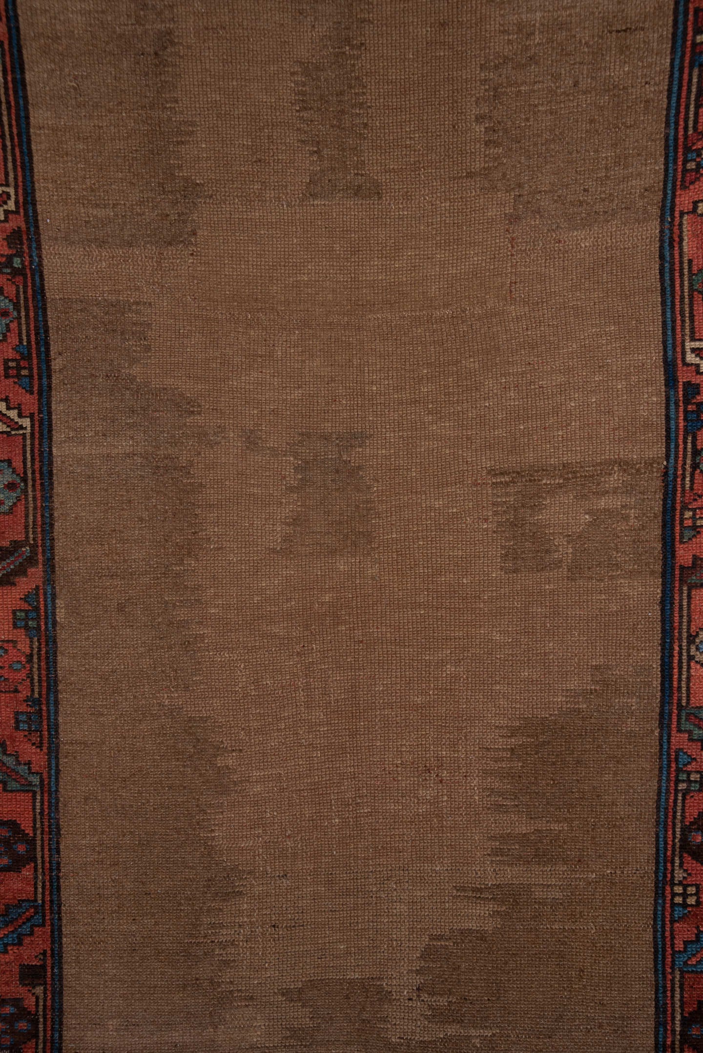 3' x 17' one-of-a-kind handmade vintage Tulu runner rug. Color palette: camel, coral, navy, ivory, taupe, slate, beige