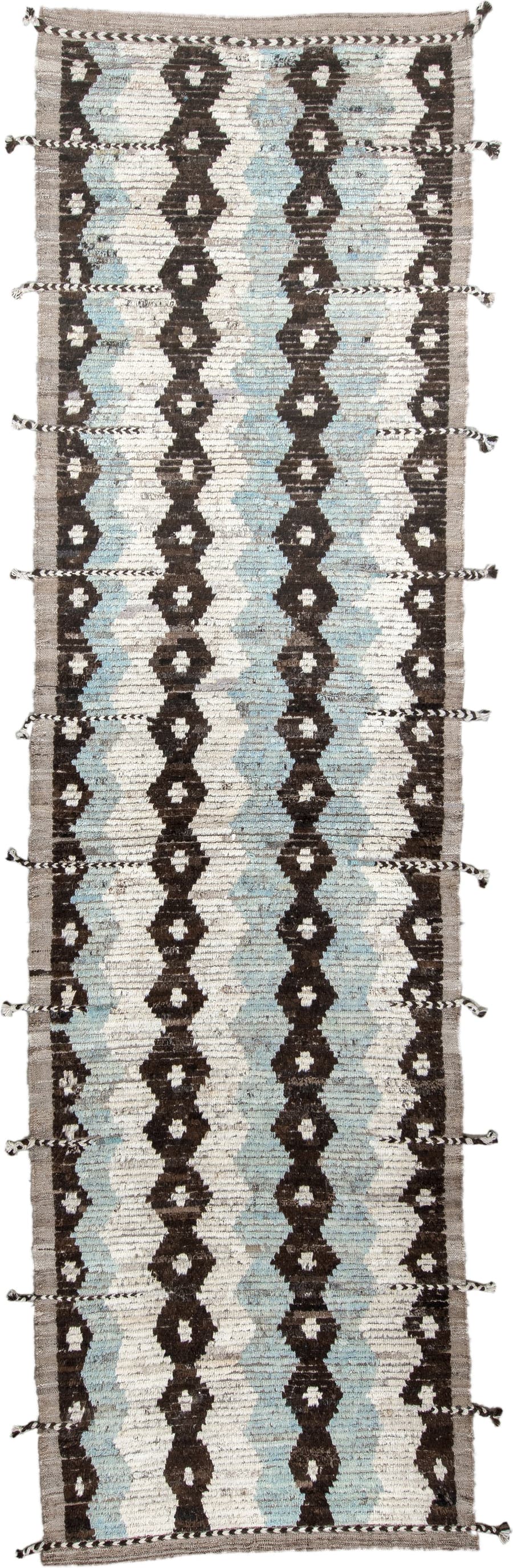3' x 12' one-of-a-kind handmade vintage Tulu runner rug. Color palette: ivory, pale blue, dark brown, taupe, charcoal