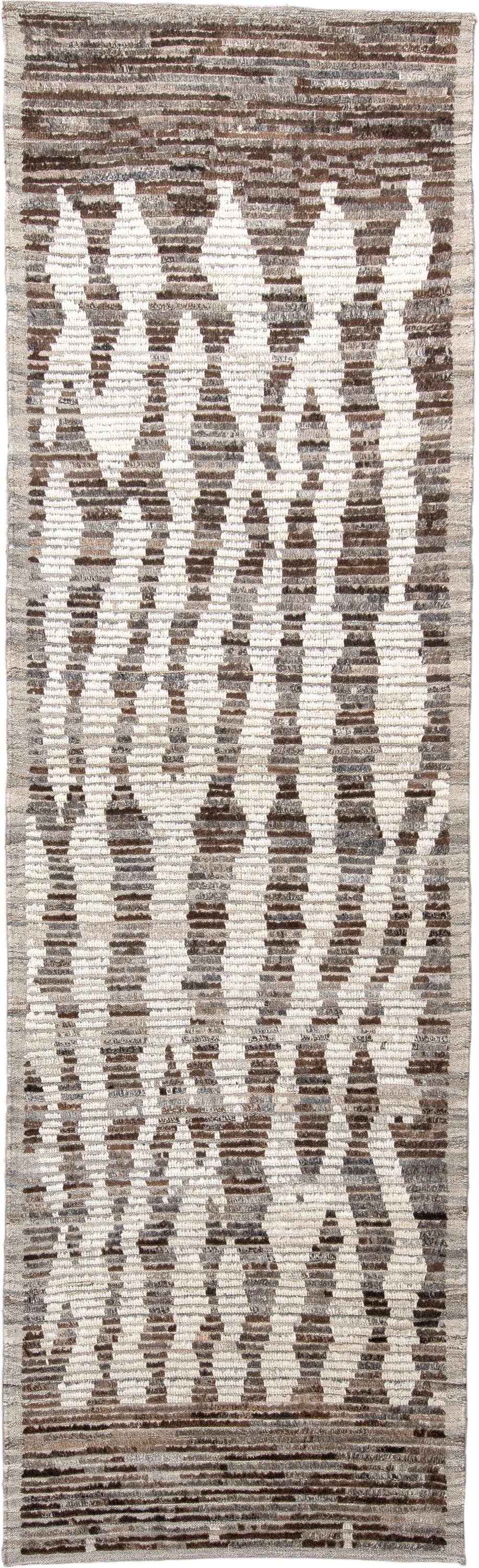 3' x 11' one-of-a-kind handmade vintage Tulu runner rug. Color palette: ivory, taupe, brown, charcoal, gray, cream, beige